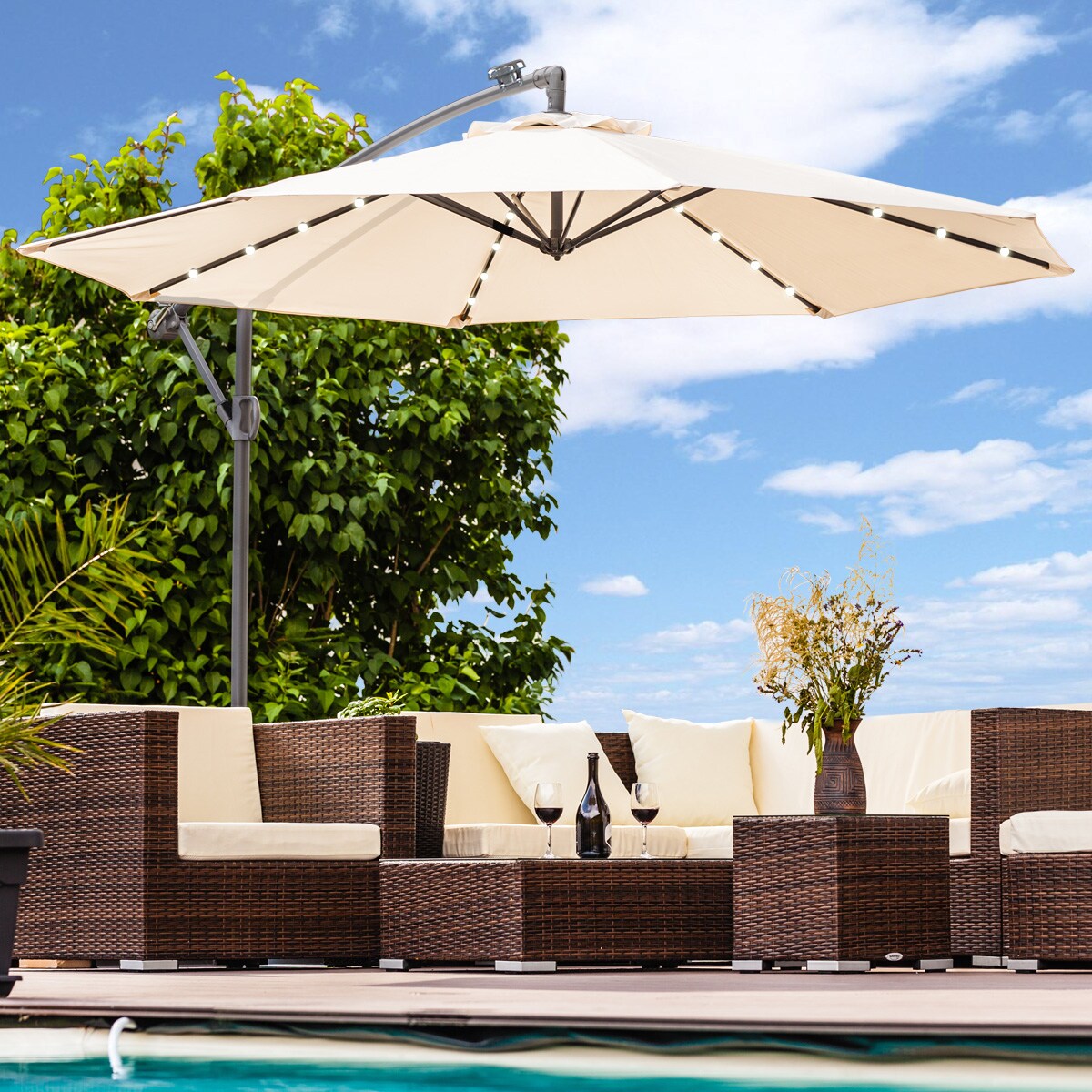 Luxus Sonnenschirm mit LED Beleuchtung Ampelschirm 300cm Solar Garten Schirm Pavillon in Creme - Bild 1