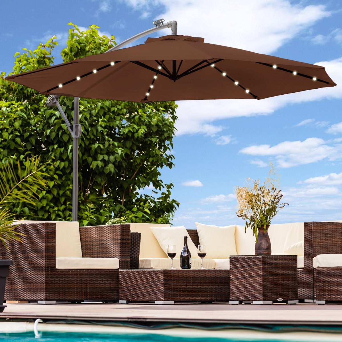 Luxus Sonnenschirm mit LED Beleuchtung Ampelschirm 350cm Solar Garten Schirm Pavillon in Braun