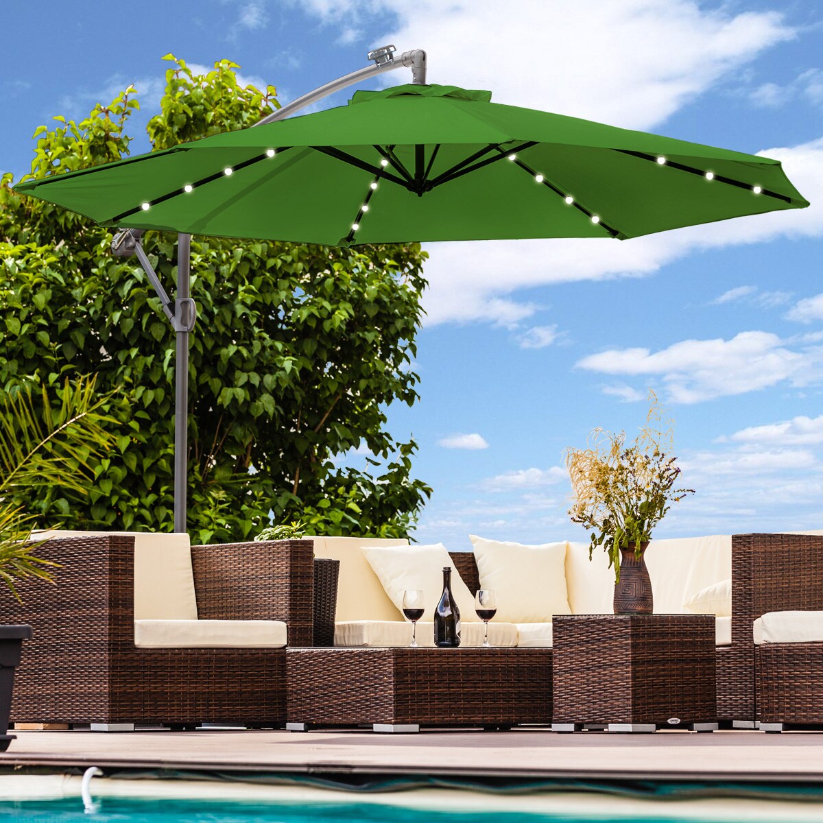 Luxus Sonnenschirm mit LED Beleuchtung Ampelschirm 350cm Solar Garten Schirm Pavillon in Grün