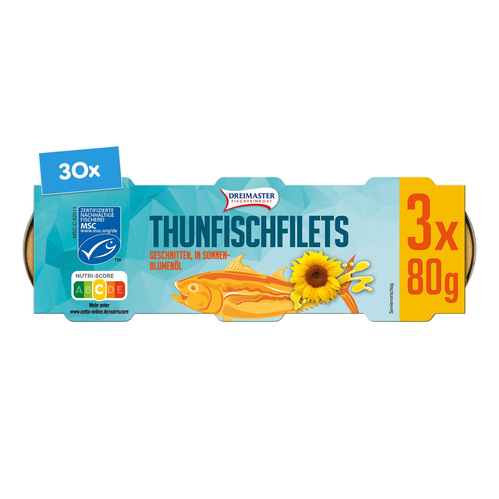 Dreimaster Thunfischfilet in Sonnenblumen-&Ouml;l 3 x 80 g, 30er Pack - Bild 1