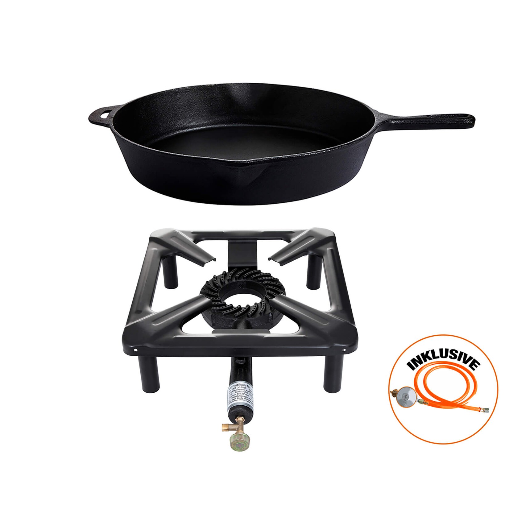 Hockerkocher Set: mit Gusspfanne Ø 39 cm, Schlauch, Regler | 04041571306562