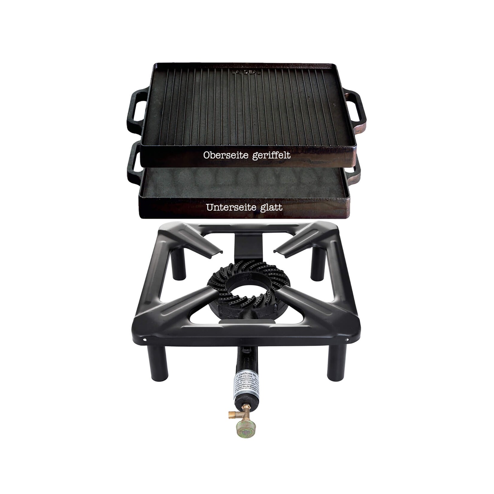 Hockerkocher Set: mit Gussgrillplatte 32×32 cm | 04041571303233