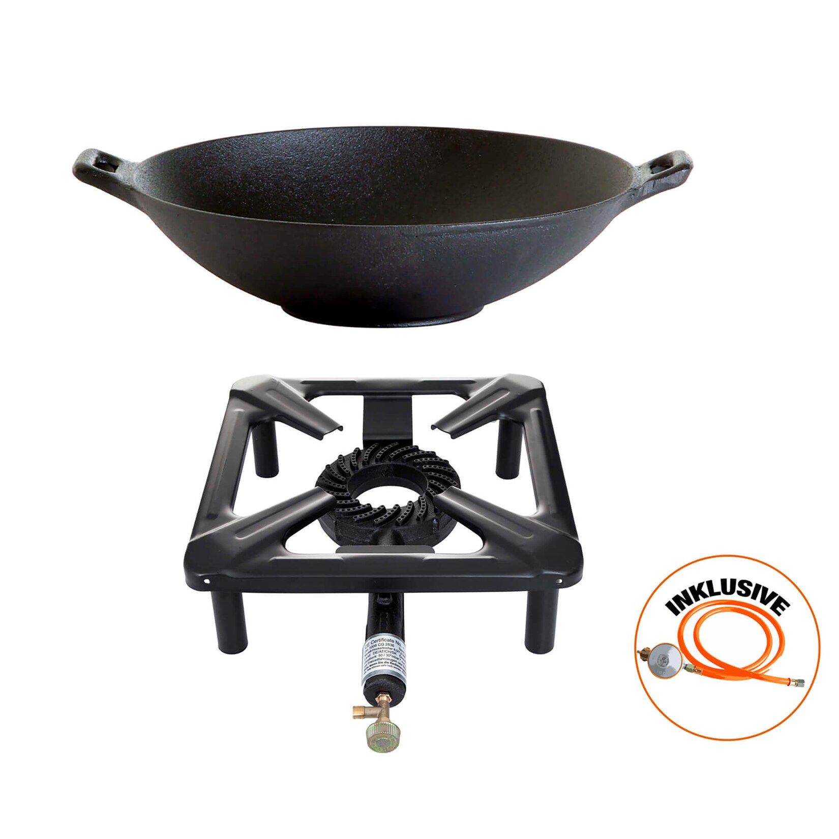 Hockerkocher-Set: mit Gusseisen-Wok Ø 37 cm, Gasschlauch, Regler | 04041571406163
