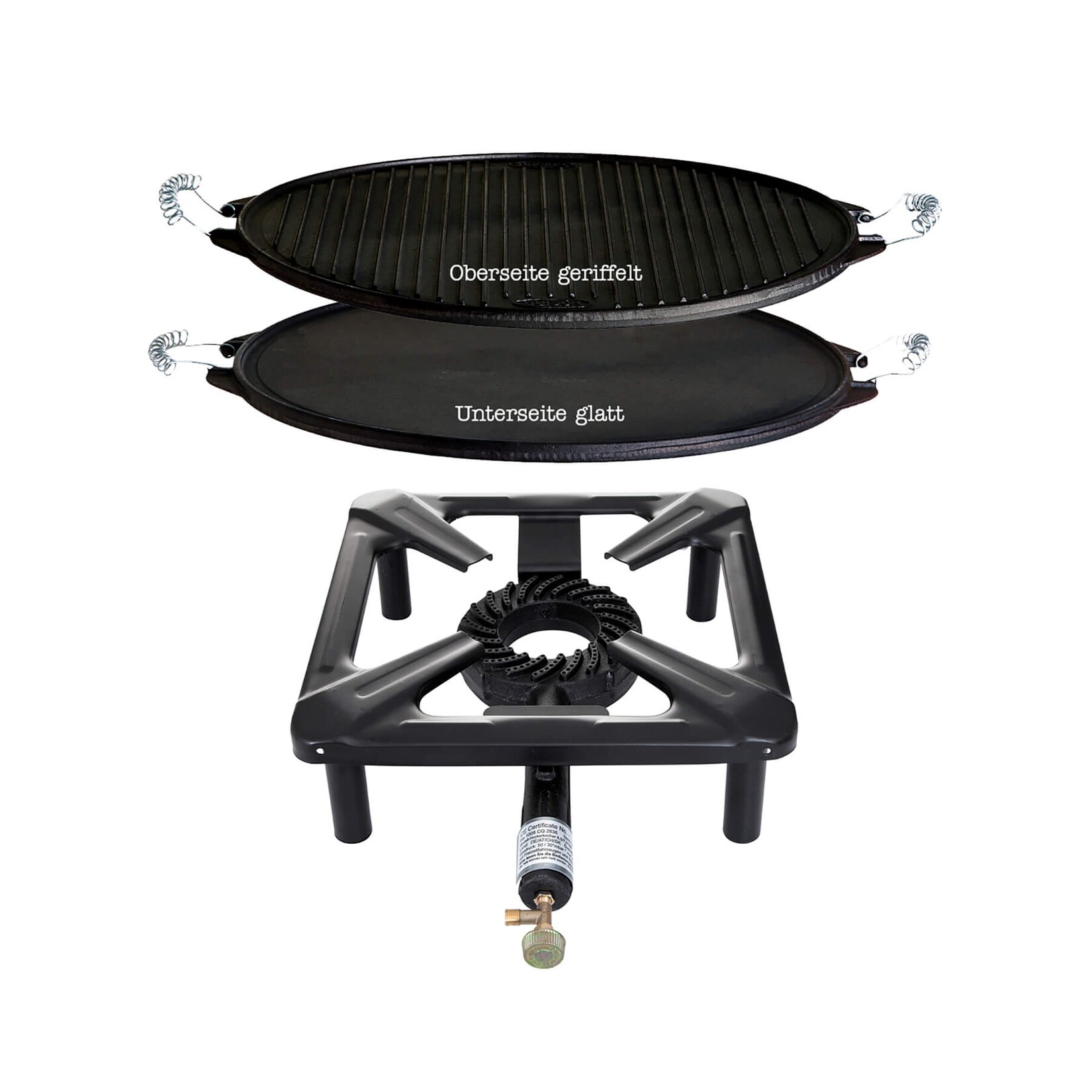 Hockerkocher-Set mit Gusseisen-Grillplatte Ø 38 cm und Gasbrenner | 04041571405012
