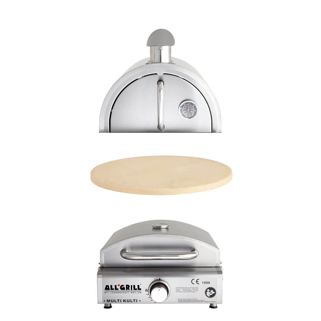 Multi-Kulti Gasgrill mit Pizzastein und Gussgrillplatte, tragbar, Ø 33 cm Pizzastein, Abmessungen 42 x 51 x 25 cm + umfangreiches Zubehörangebot | 04041571919519