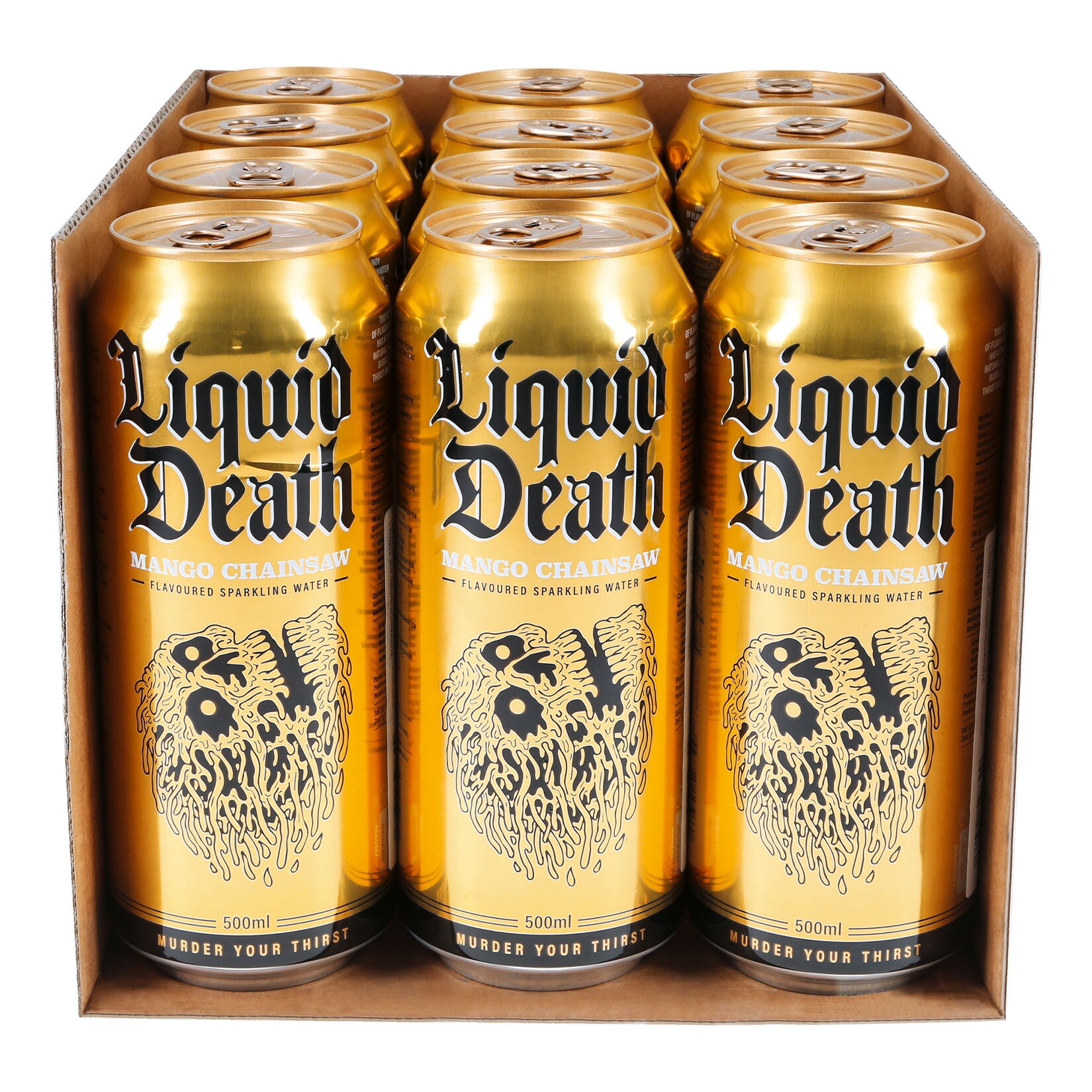Liquid Death Mango Chainsaw Flavoured Sparkling Water 0,5 Liter Dose, 12er Pack | 00850031700802