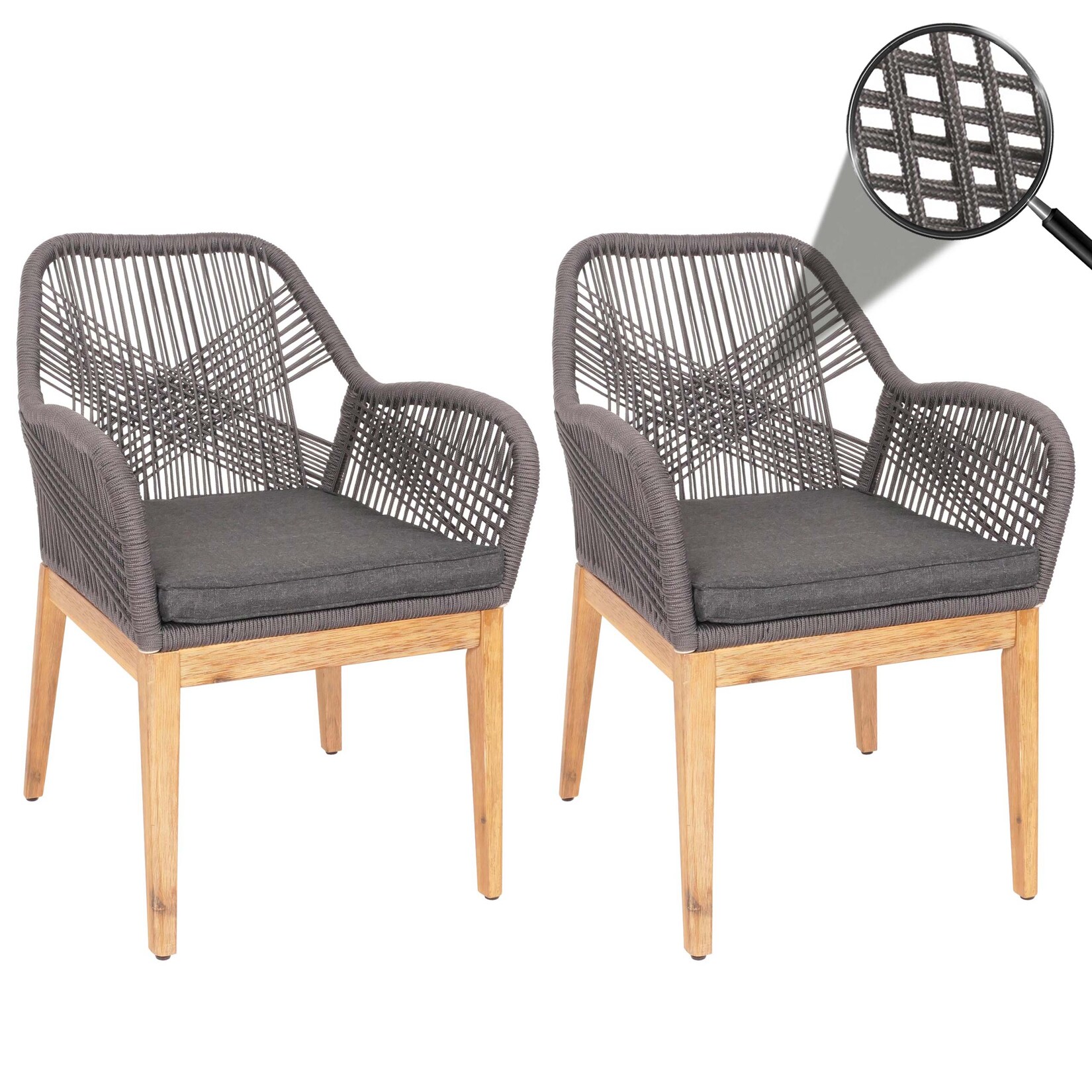 2er-Set Gartenstuhl -H56b, Sessel Outdoor Stuhl, wetterfest Seilgeflecht Holz Akazie ~ grau Kissen anthrazit