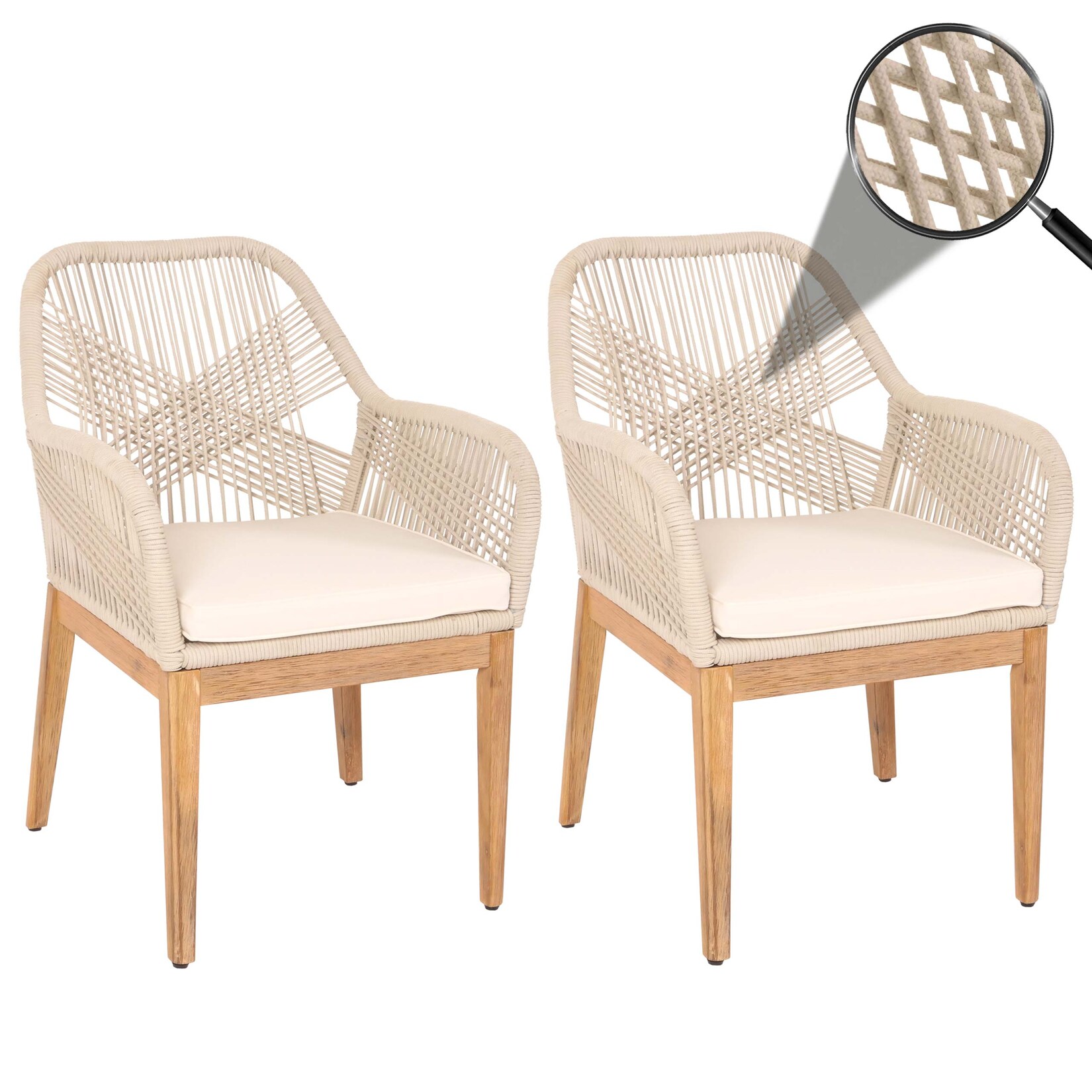 2er-Set Gartenstuhl -H56b, Sessel Outdoor Stuhl, wetterfest Seilgeflecht Rope Holz Akazie ~ beige Kissen creme-weiß