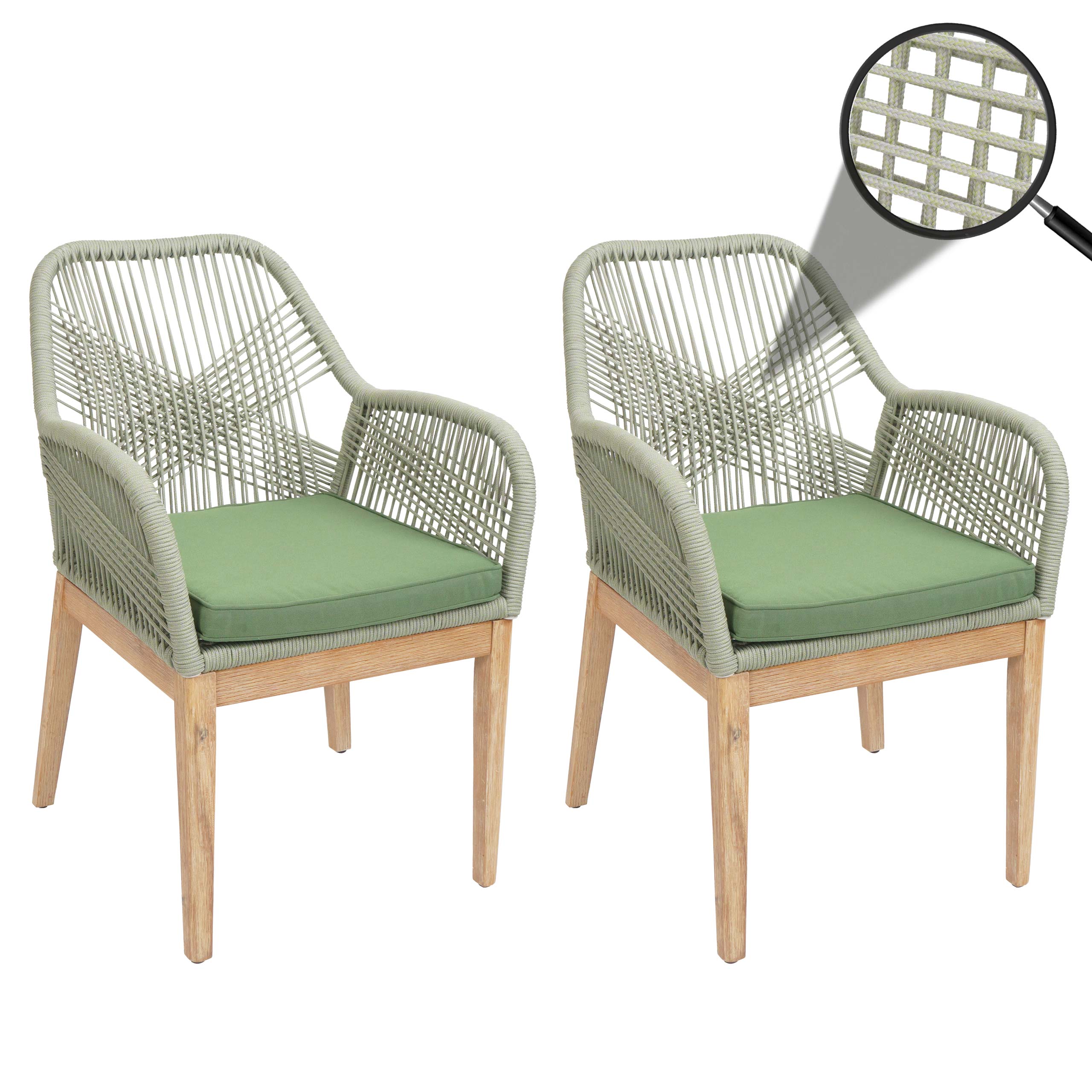 2er-Set Gartenstuhl MCW-H56b, Sessel Outdoor, wetterfest Seilgeflecht Rope Holz Akazie ~ gr&uuml;n Kissen gr&uuml;n - Bild 1