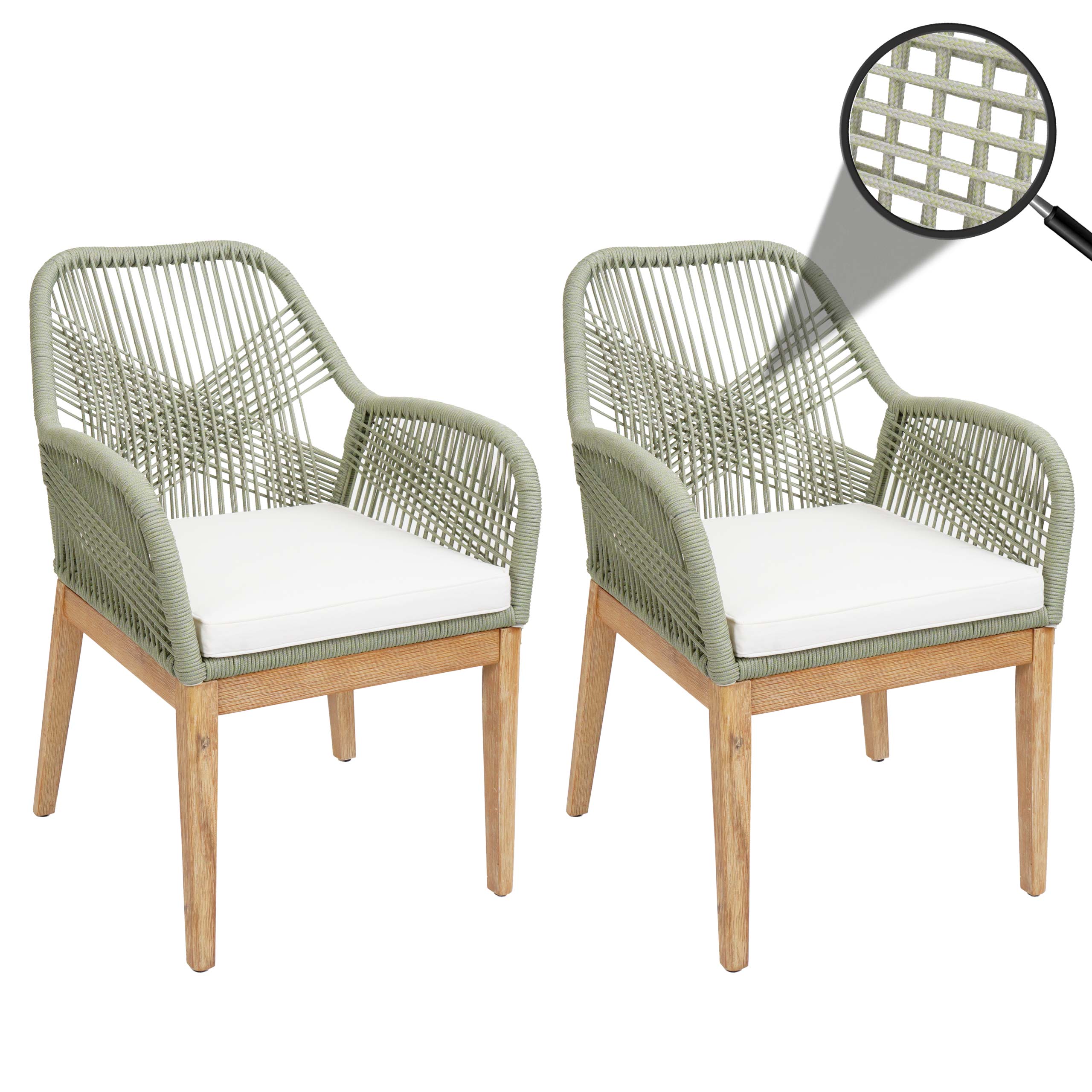 2er-Set Gartenstuhl MCW-H56b, Sessel Outdoor, wetterfest Seilgeflecht Rope Holz Akazie ~ gr&uuml;n Kissen creme - Bild 1
