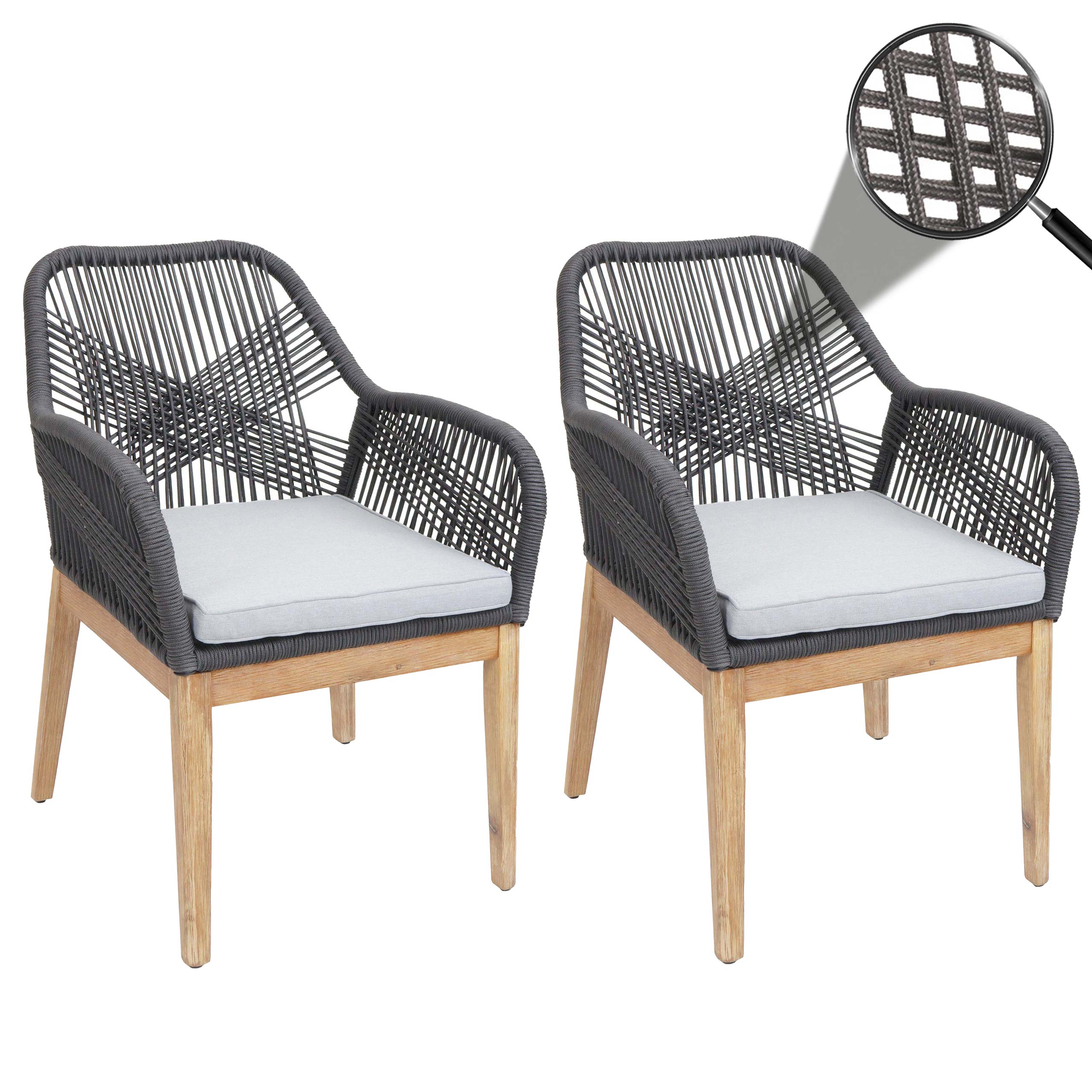 2er-Set Gartenstuhl MCW-H56b, Sessel Outdoor, wetterfest Seilgeflecht Rope Holz Akazie ~ dunkelgrau Kissen hellgrau - Bild 1
