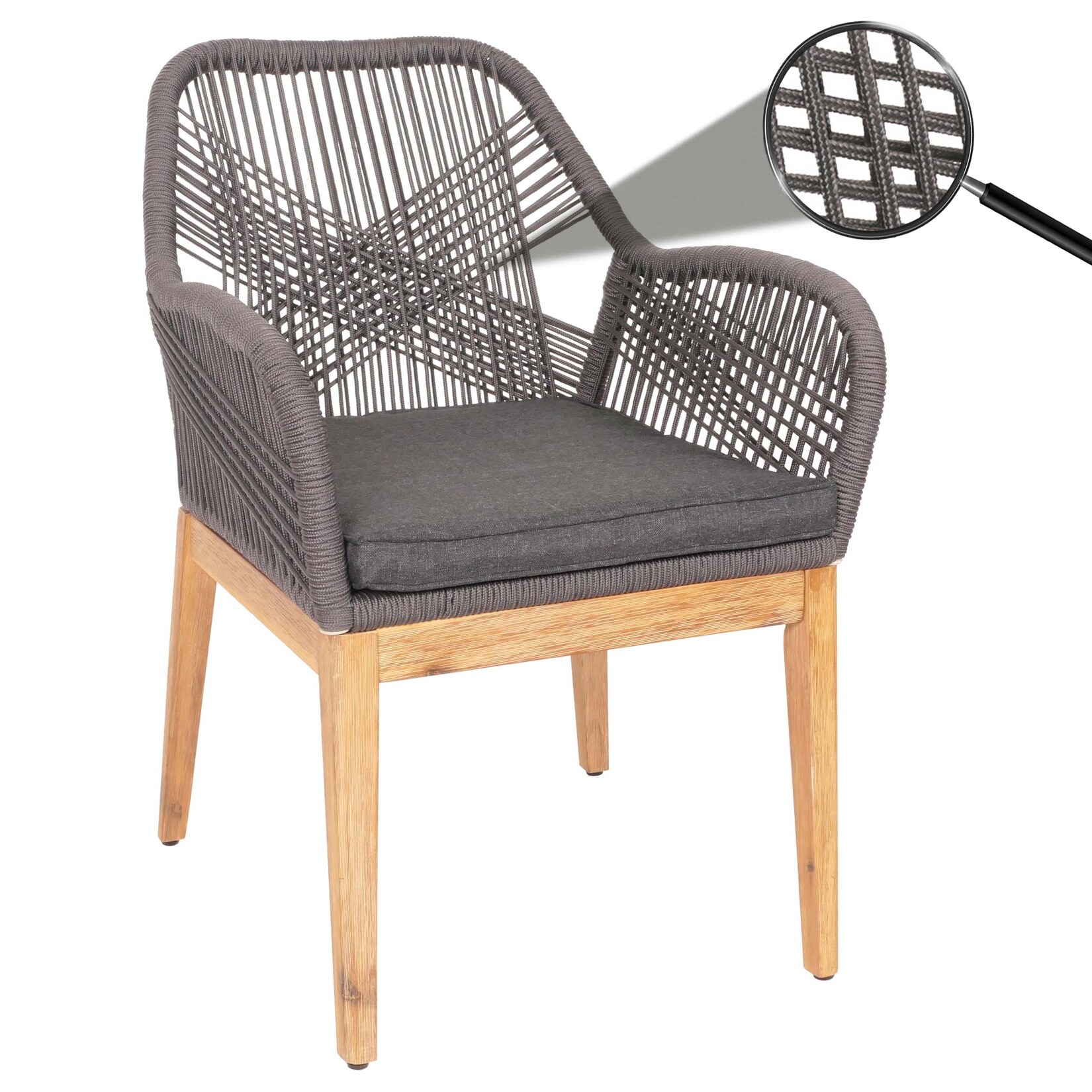 Gartenstuhl -H56b, Sessel Outdoor Stuhl, wetterfest Seilgeflecht Rope Holz Akazie ~ grau Kissen anthrazit