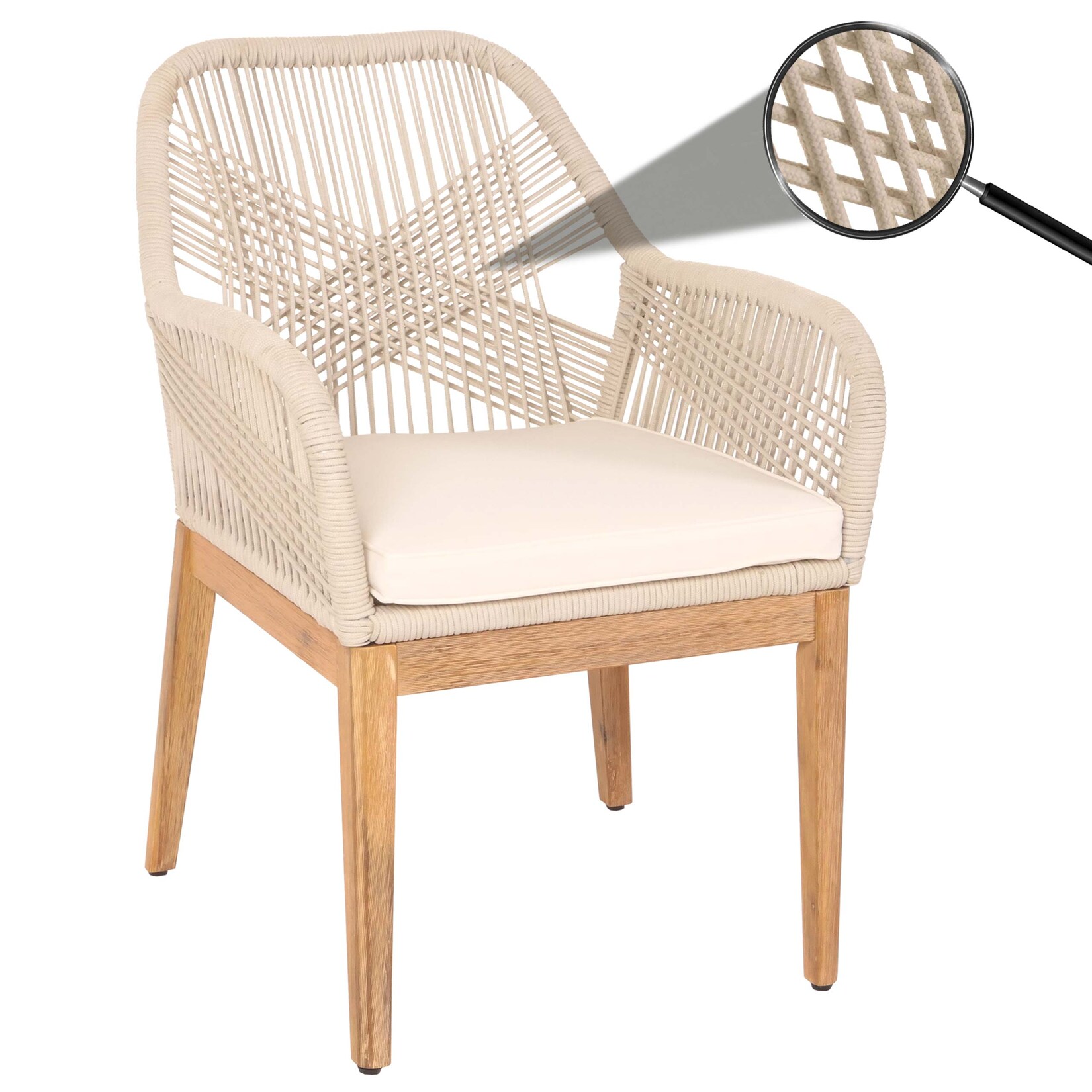 Gartenstuhl -H56b, Sessel Outdoor Stuhl, wetterfest Seilgeflecht Rope Holz Akazie ~ beige Kissen creme-weiß