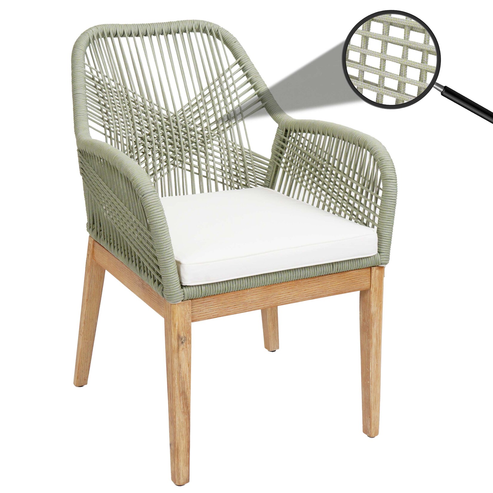 Gartenstuhl -H56b, Sessel Outdoor Stuhl, wetterfest Seilgeflecht Rope Holz Akazie ~ grün Kissen creme