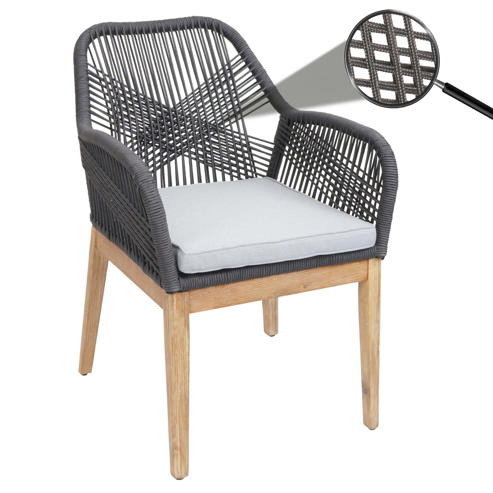 Gartenstuhl -H56b, Sessel Outdoor Stuhl, wetterfest Seilgeflecht Rope Holz Akazie ~ dunkelgrau Kissen hellgrau