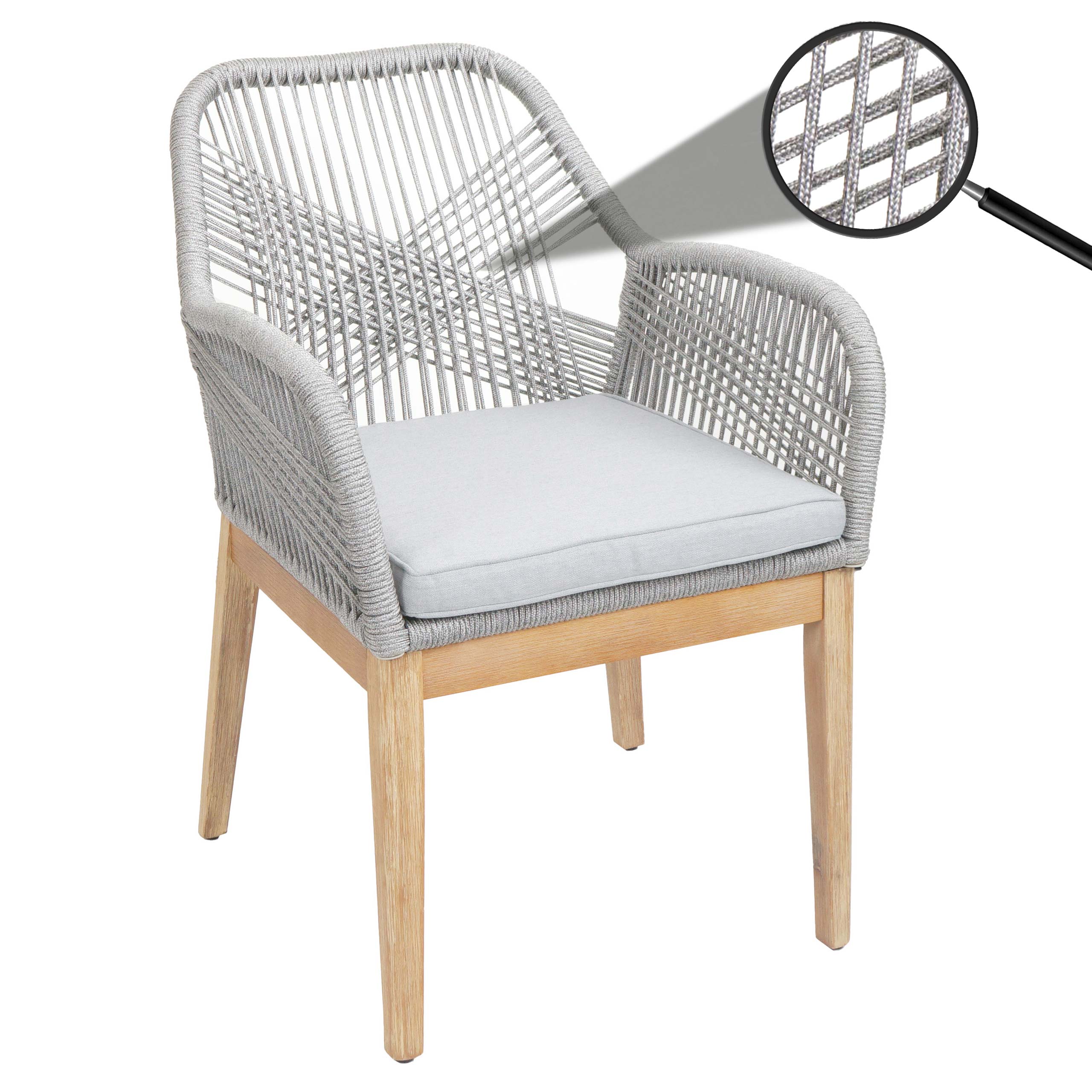 Gartenstuhl MCW-H56b, Sessel Outdoor Stuhl, wetterfest Seilgeflecht Rope Holz Akazie ~ hellgrau Kissen hellgrau - Bild 1