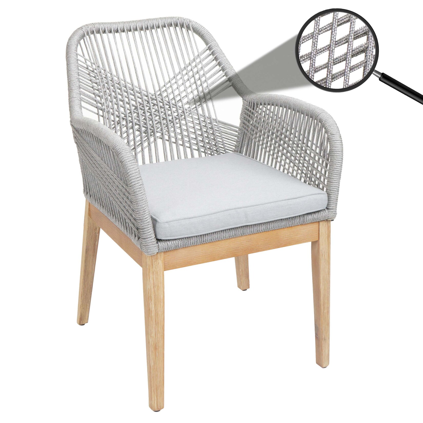 Gartenstuhl MCW-H56b, Sessel Outdoor Stuhl, wetterfest Seilgeflecht Rope Holz Akazie ~ hellgrau Kissen hellgrau | 04057651737478