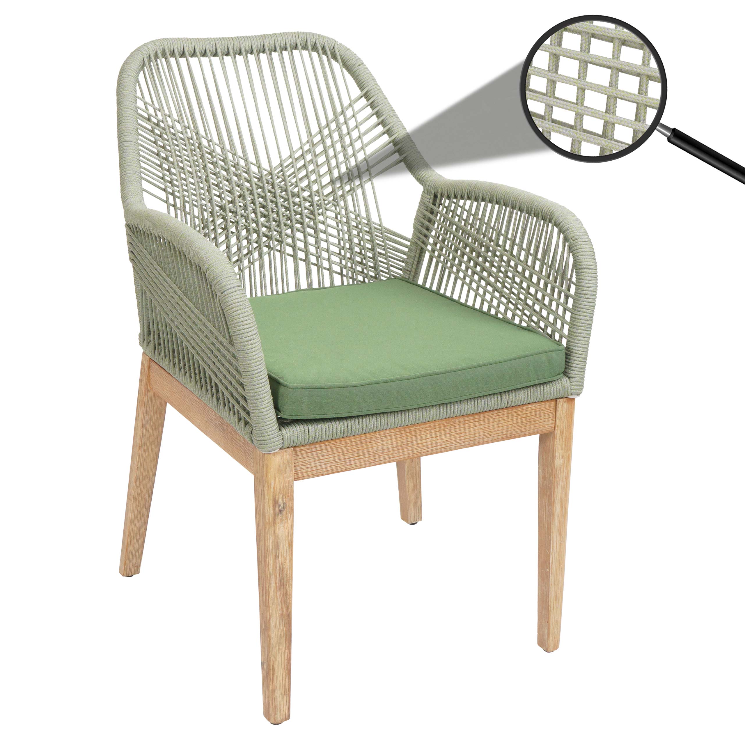 Gartenstuhl MCW-H56b, Sessel Outdoor Stuhl, wetterfest Seilgeflecht Rope Holz Akazie ~ gr&uuml;n Kissen gr&uuml;n - Bild 1