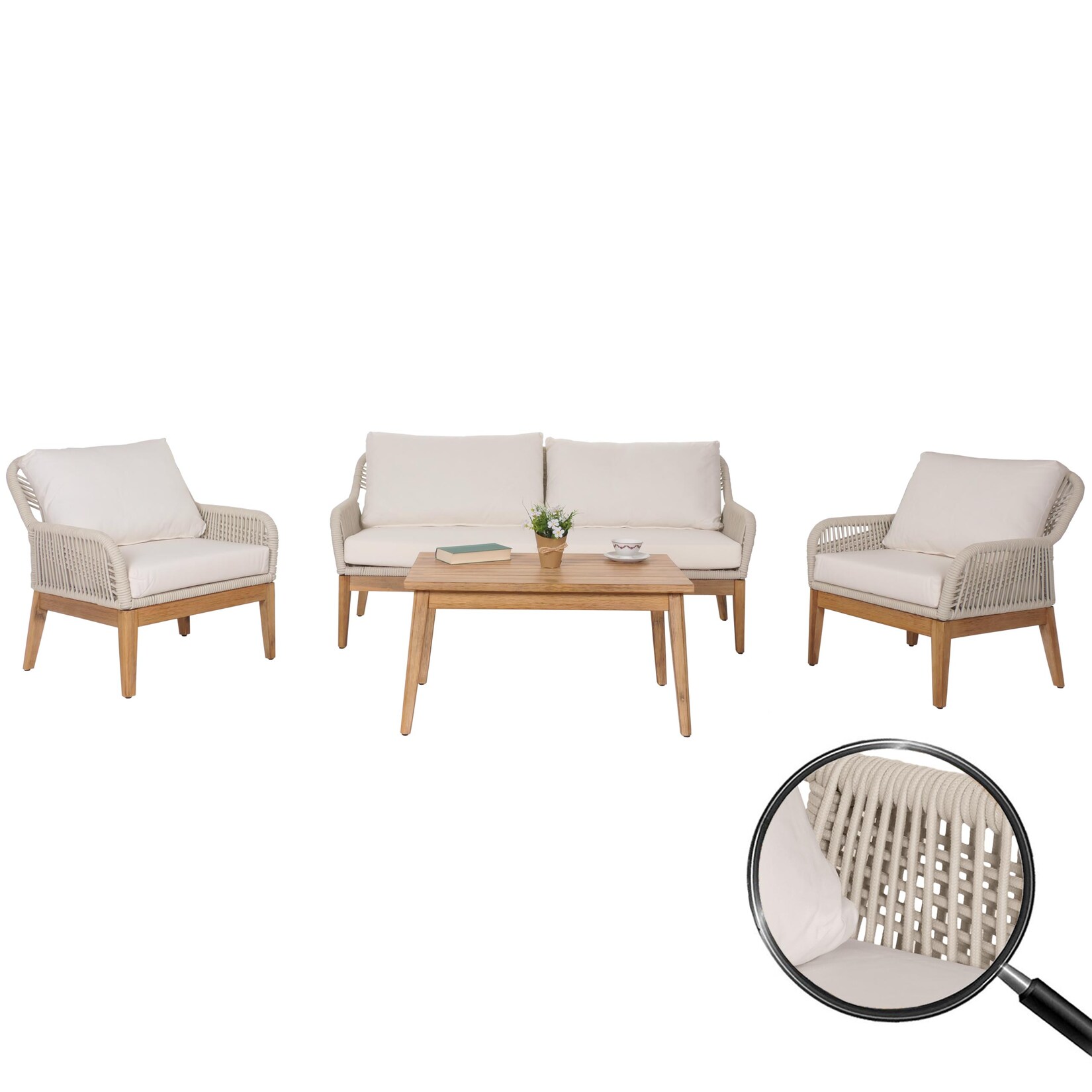 Gartengarnitur -H56b, Lounge-Set Gartenlounge Sofa Sessel Tisch, Seilgeflecht Rope Holz Akazie ~ creme