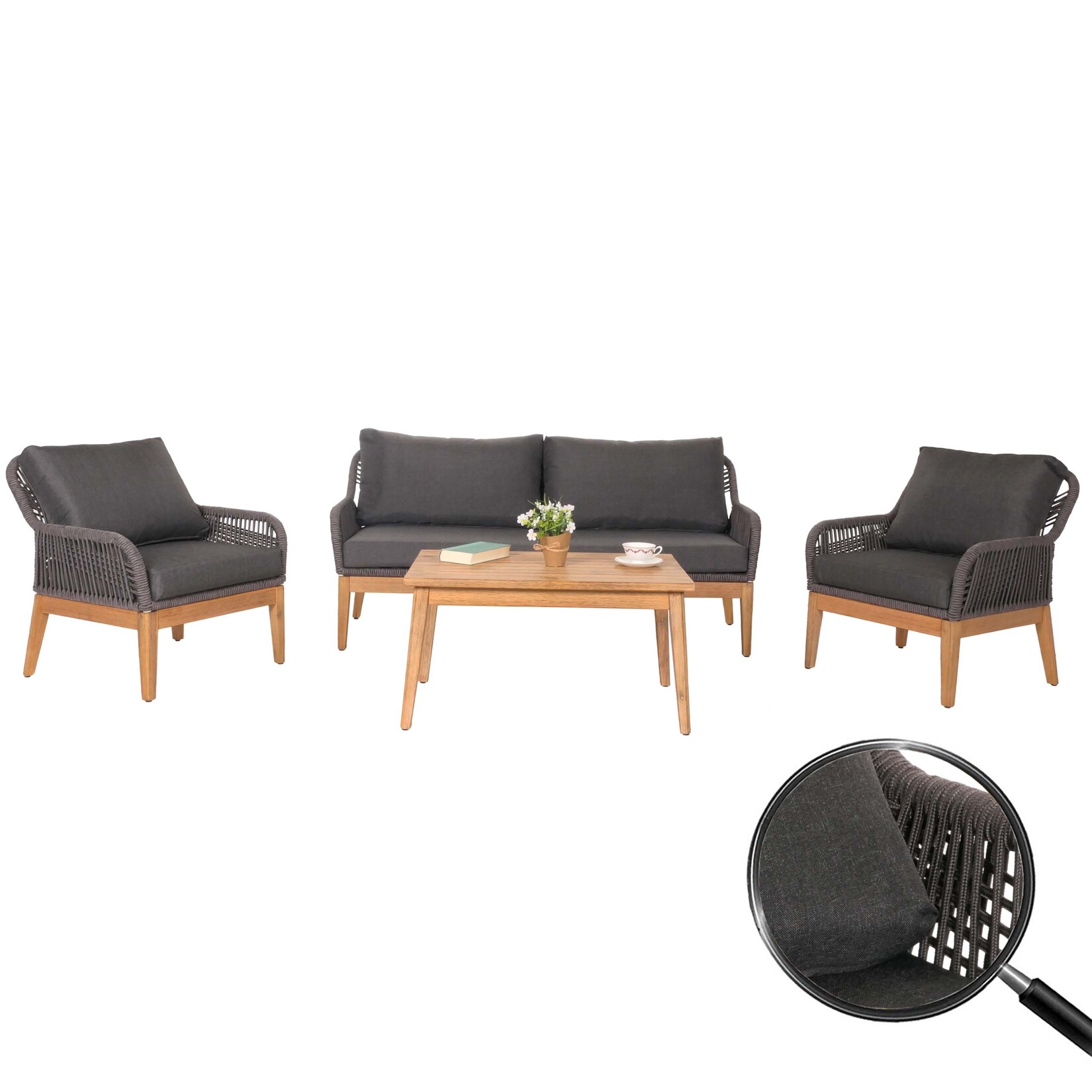 Gartengarnitur MCW-H56b, Lounge-Set Gartenlounge Sofa Sessel Tisch, Seilgeflecht Rope Holz Akazie ~ dunkelgrau | 04057651809809