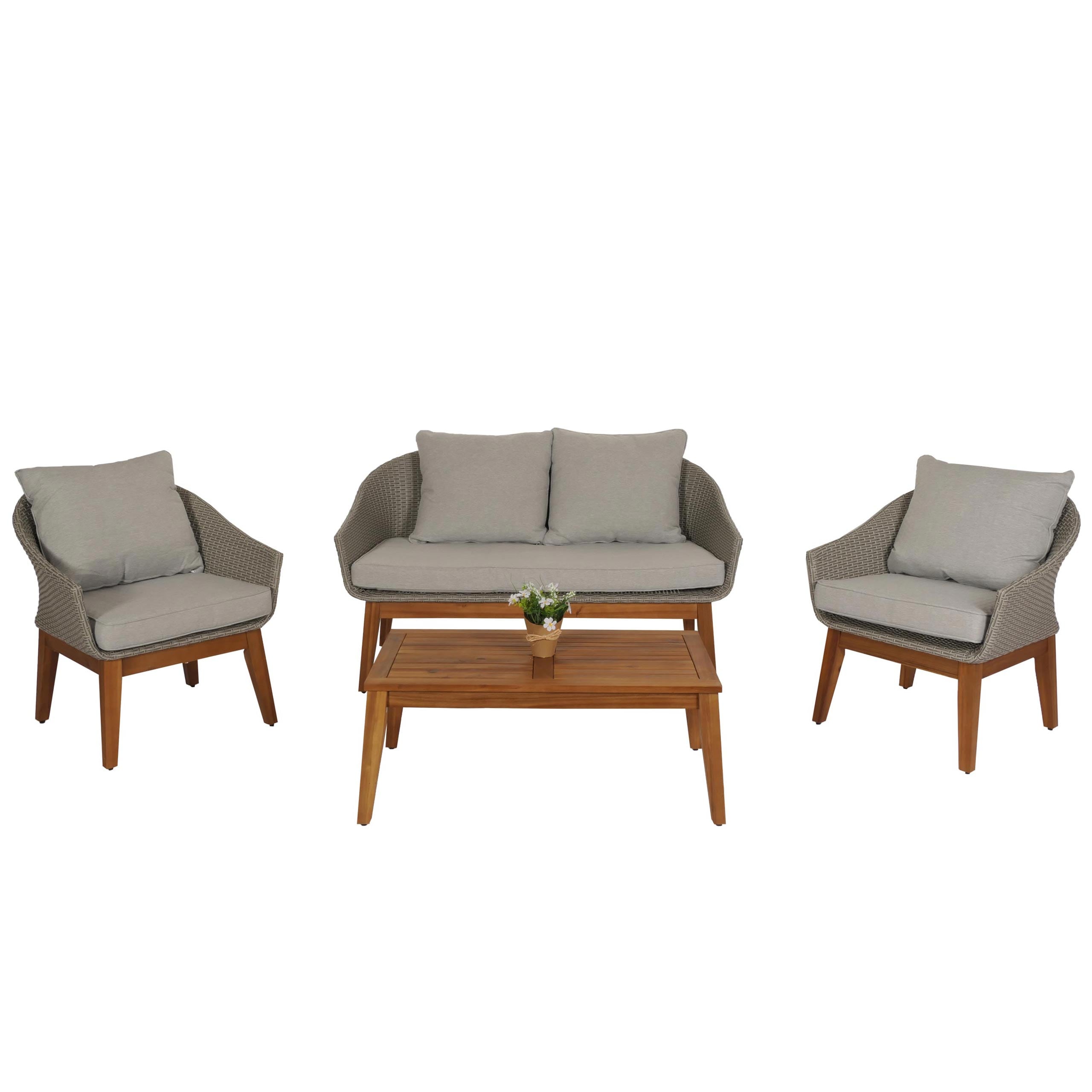 Gartengarnitur MCW-N37, Garten-/Lounge-Set Sofa Sitzgruppe, Poly-Rattan Holz Akazie ~ grau, Kissen hellgrau - Bild 1