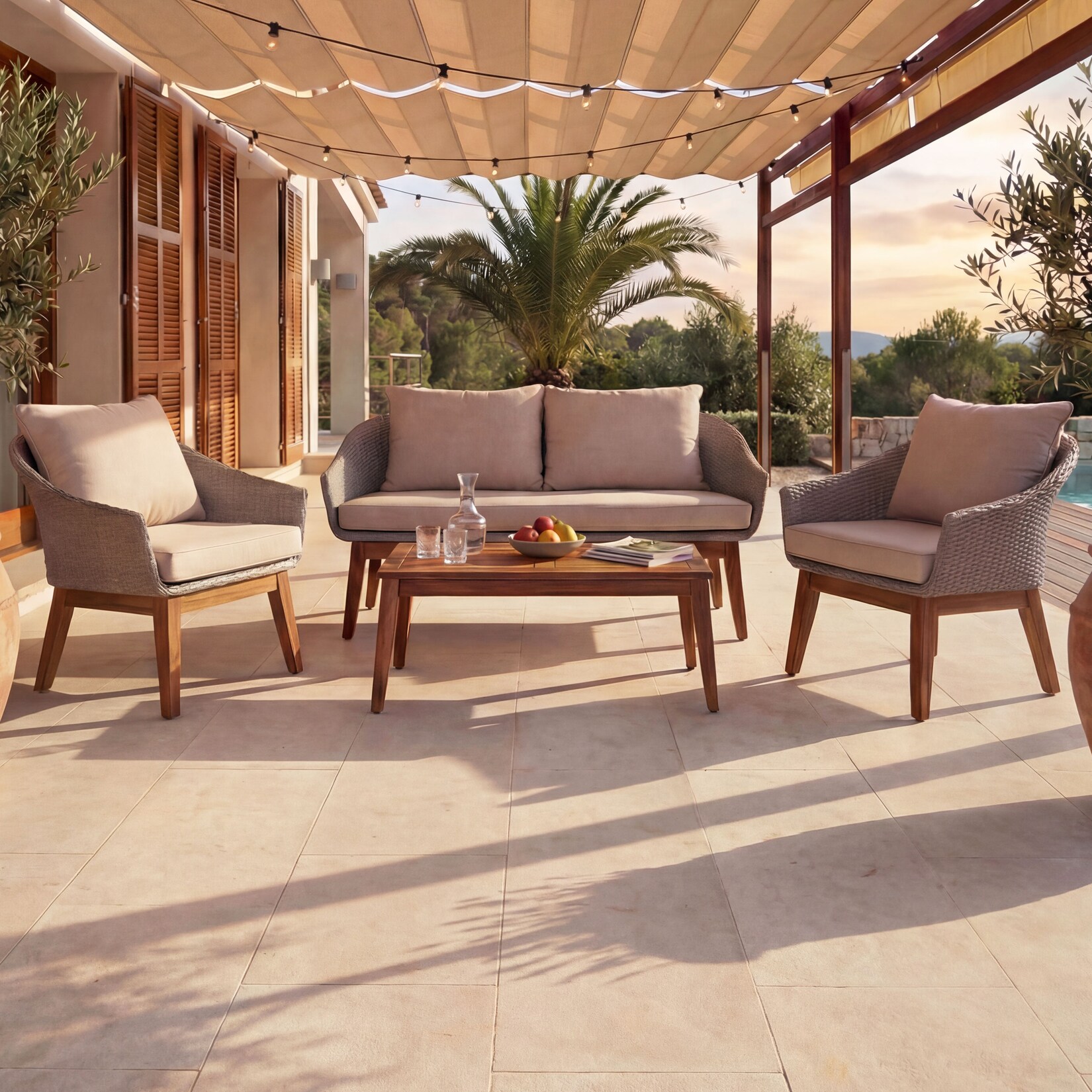 Gartengarnitur -N37, Garten-/Lounge-Set Sofa Sitzgruppe, Poly-Rattan Holz Akazie ~ grau, Kissen beige