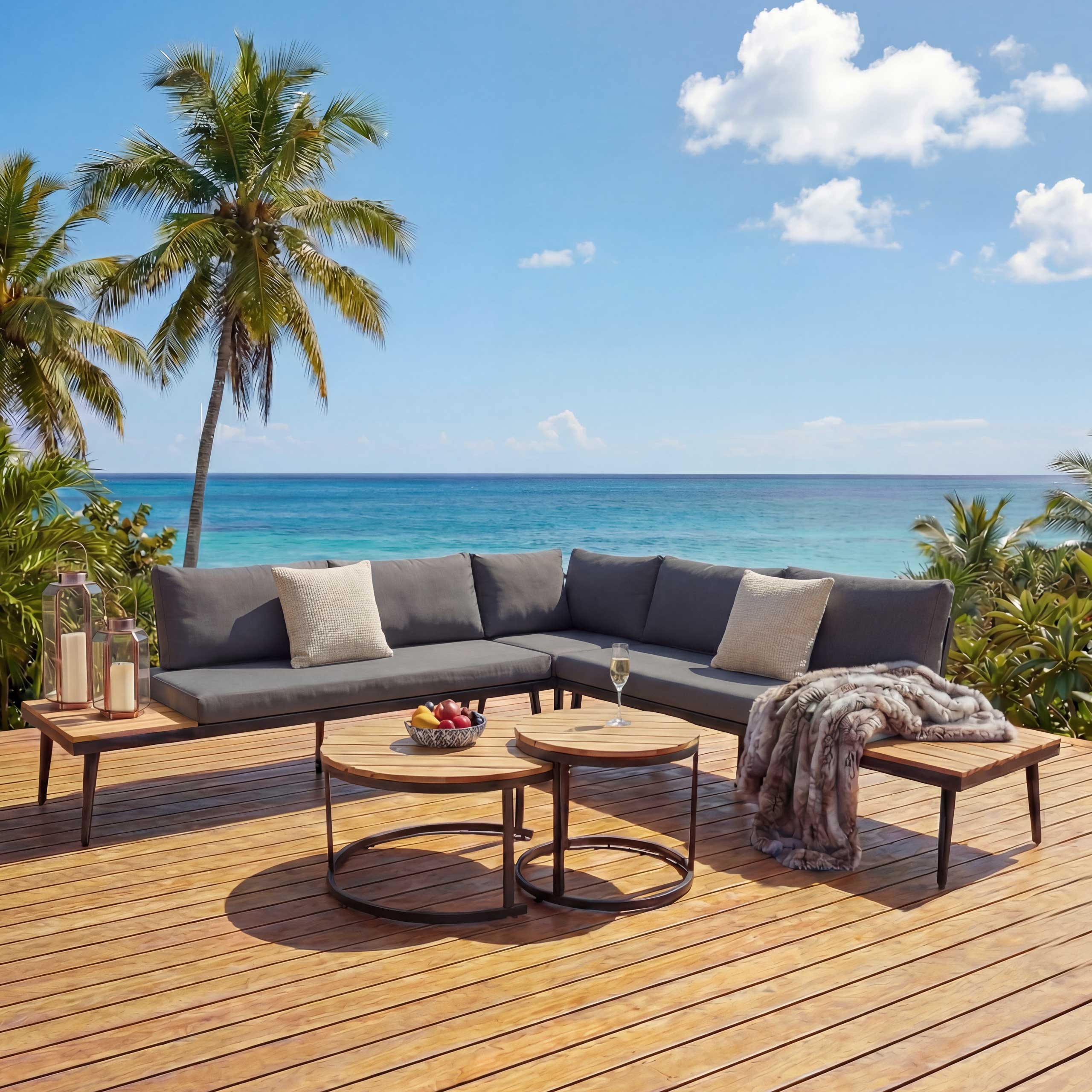 Garten-Garnitur MCW-H54c, Lounge-Set, Beistelltisch Spun Poly Akazie Holz Stahl ~ hellbraun, Kissen dunkelgrau - Bild 1