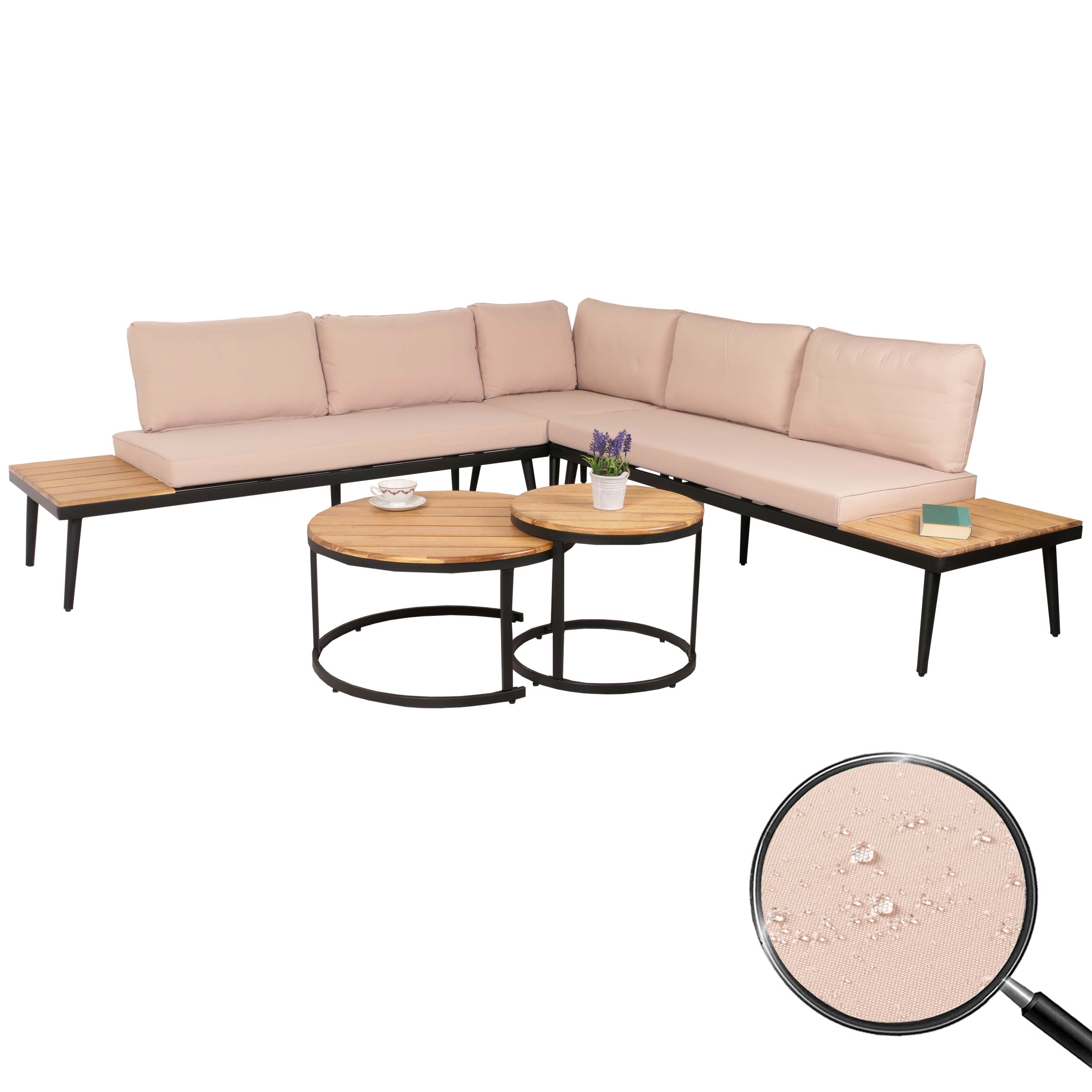 Garten-Garnitur MCW-H54c, Lounge-Set, Beistelltisch Spun Poly Akazie Holz Stahl ~ hellbraun, Kissen beige - Bild 1