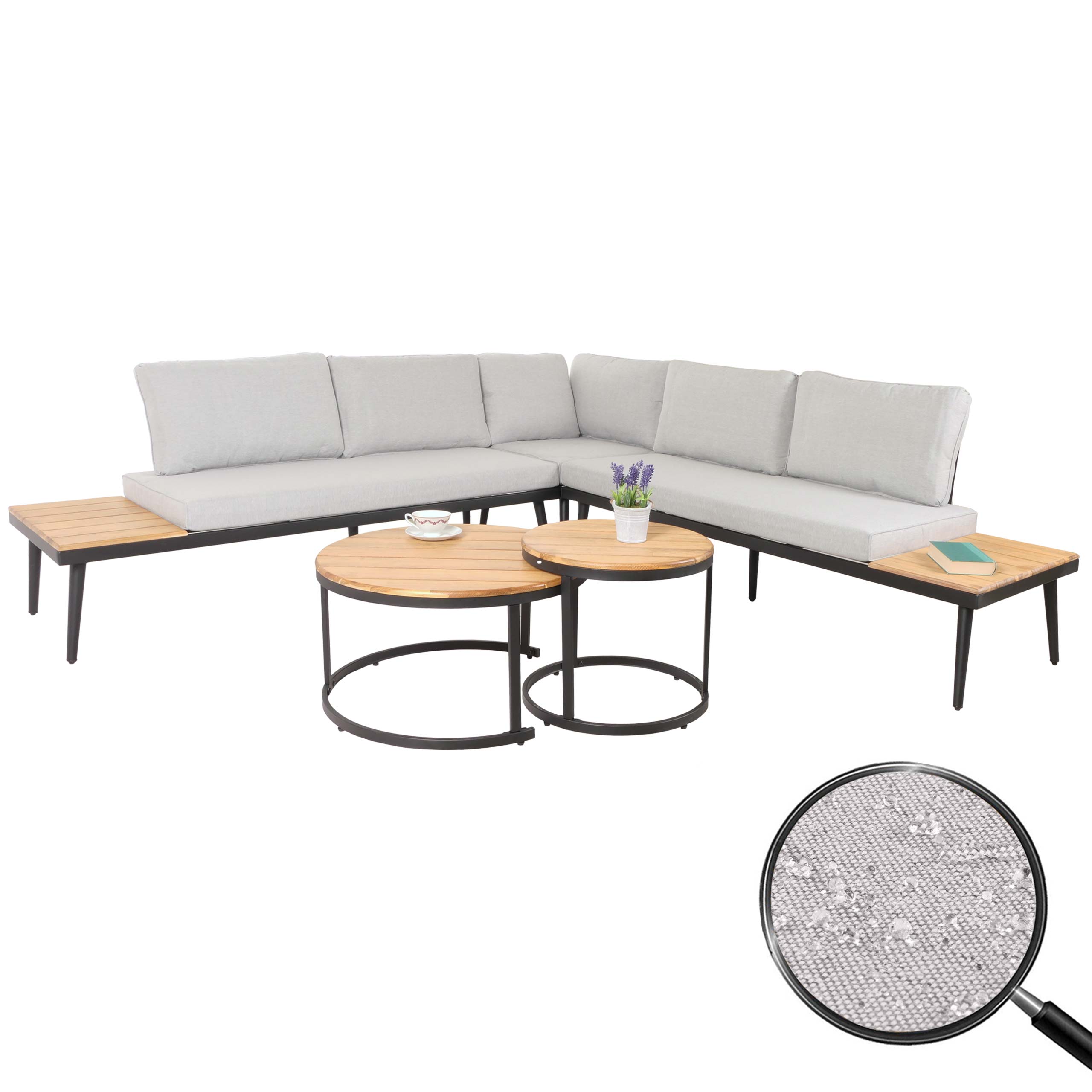 Garten-Garnitur MCW-H54c, Lounge-Set, Beistelltisch Spun Poly Akazie Holz Stahl ~ hellbraun, Kissen hellgrau - Bild 1