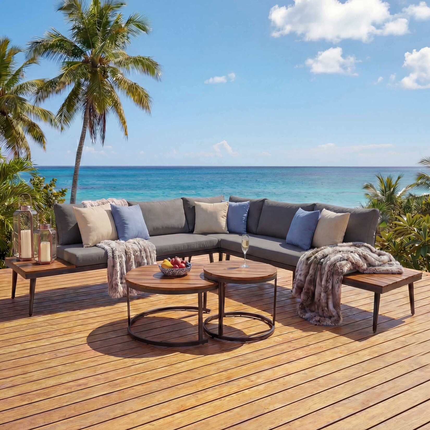Garten-Garnitur -H54c, Lounge-Set, Beistelltisch Spun Poly Akazie Holz Stahl ~ braun, Kissen dunkelgrau