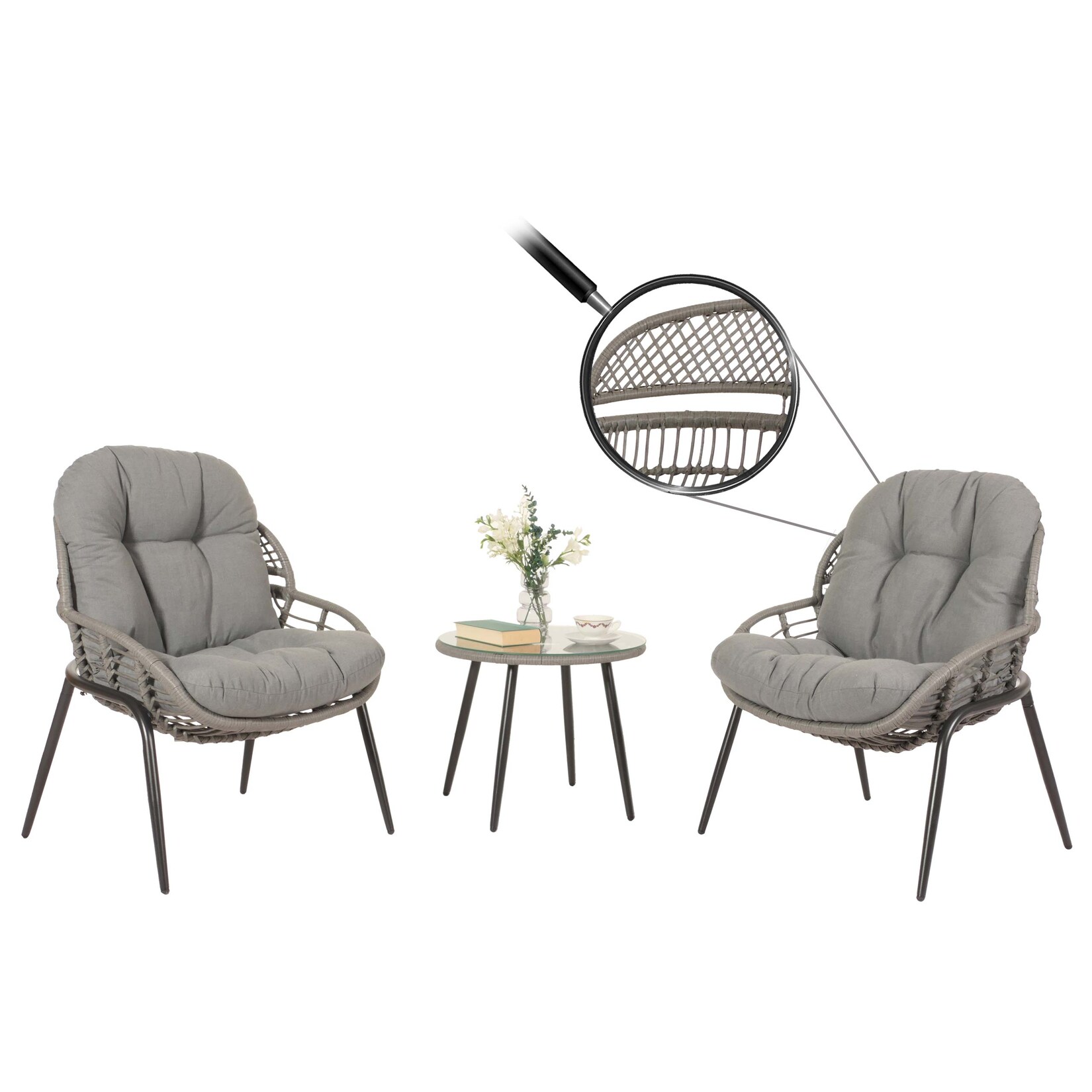 Poly-Rattan Garnitur -N33, Balkon-Set Gartengarnitur Sitzgruppe Stuhl Beistelltisch ~ grau, Polster dunkelgrau