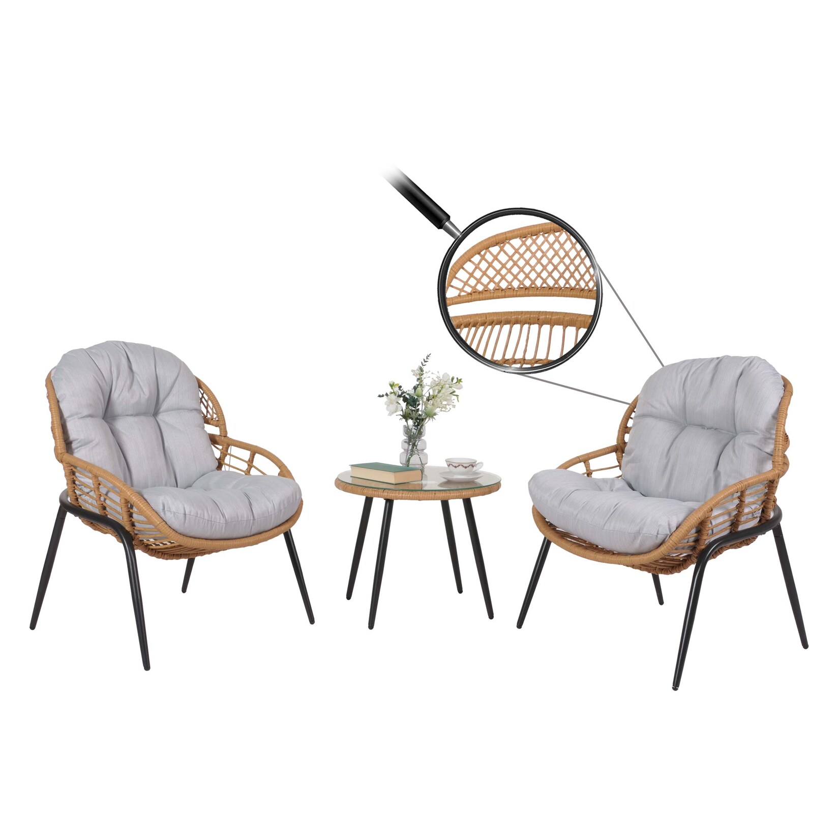 Poly-Rattan Garnitur -N33, Balkon-Set Gartengarnitur Sitzgruppe Stuhl Beistelltisch ~ naturfarben, Polster hellgrau