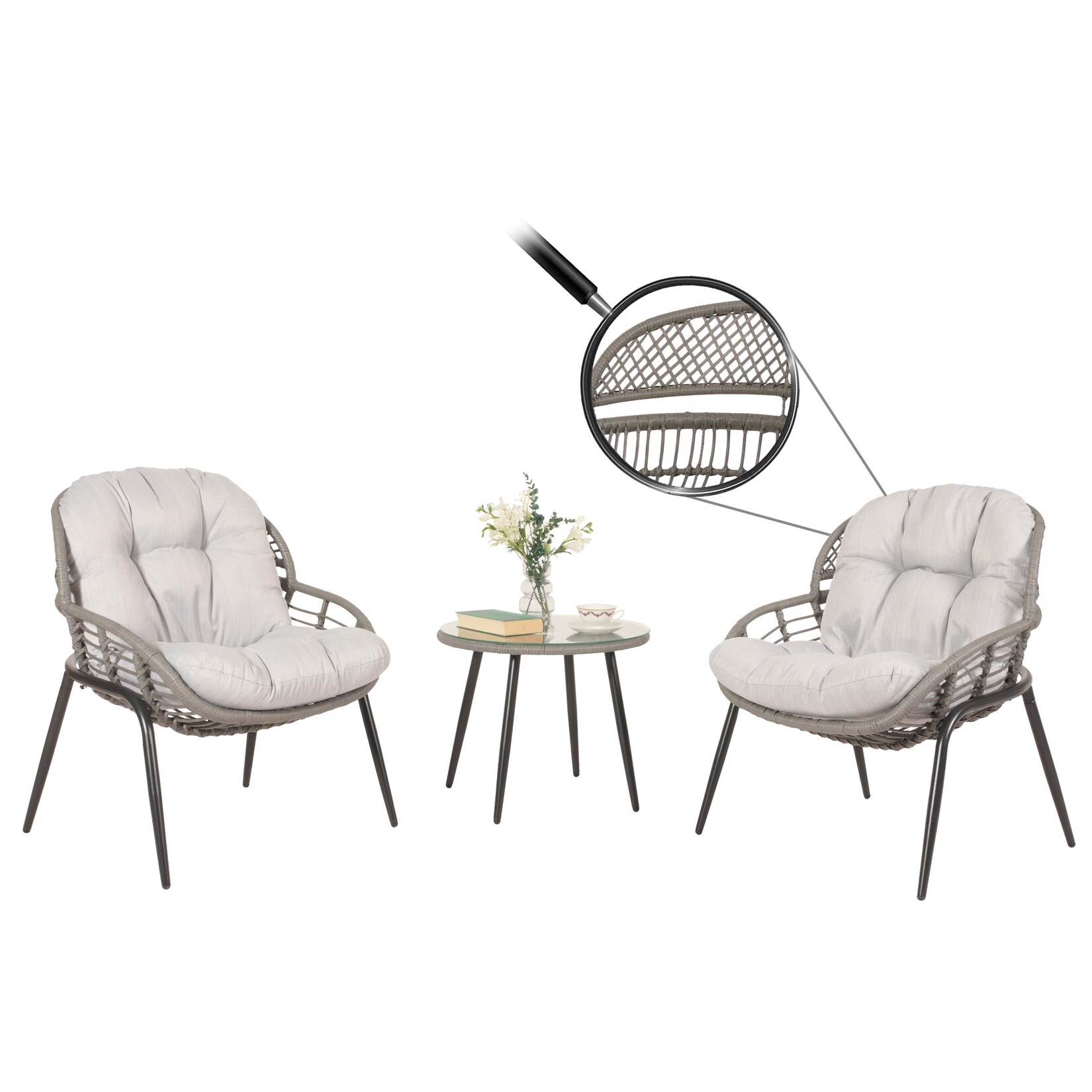 Poly-Rattan Garnitur -N33, Balkon-Set Gartengarnitur Sitzgruppe Stuhl Beistelltisch ~ grau, Polster hellgrau