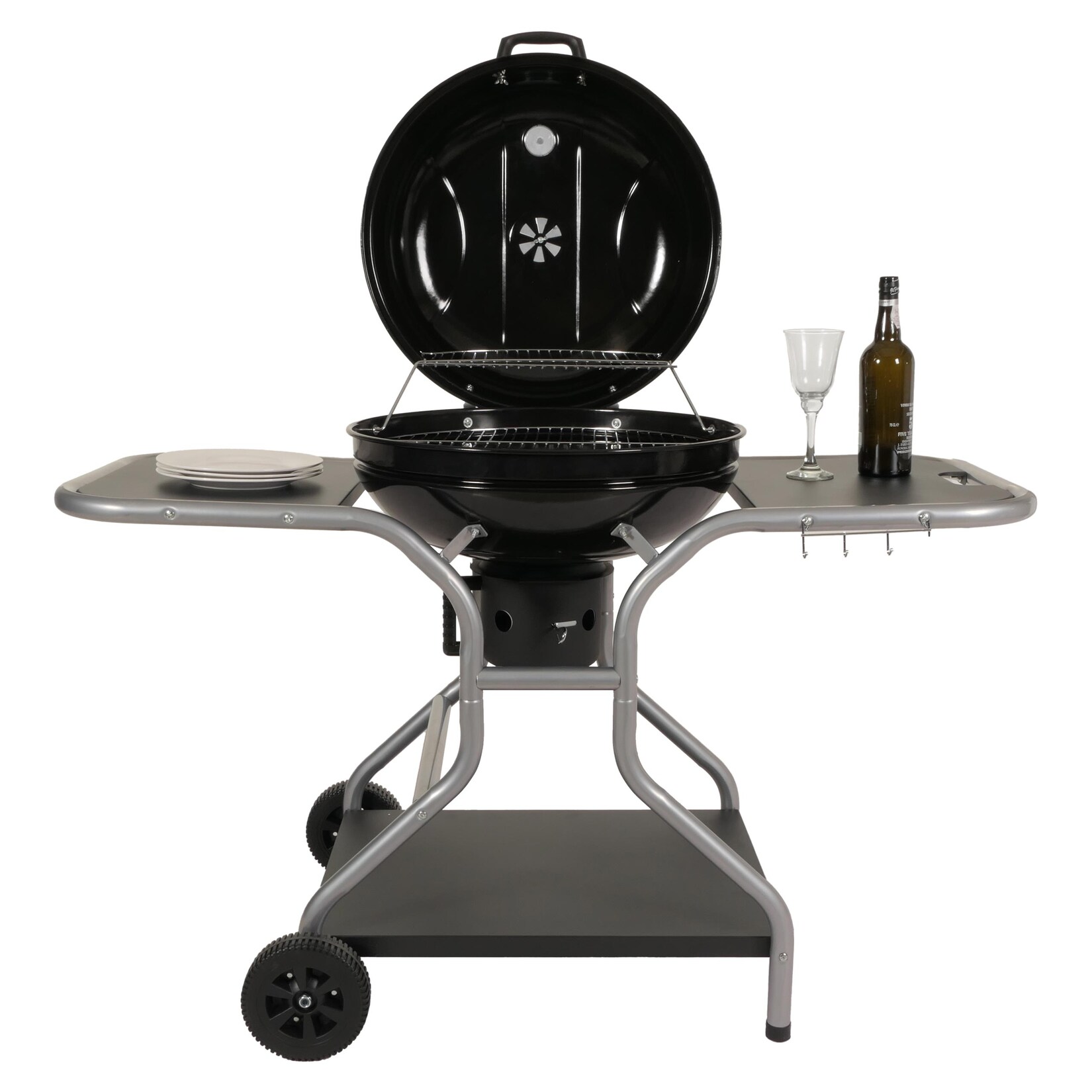 Grillwagen MCW-N16, Holzkohlegrill Standgrill Gartengrill mit Deckel drei Ablagen, Stahl Emaille 143x131x66cm schwarz | 04057651641072