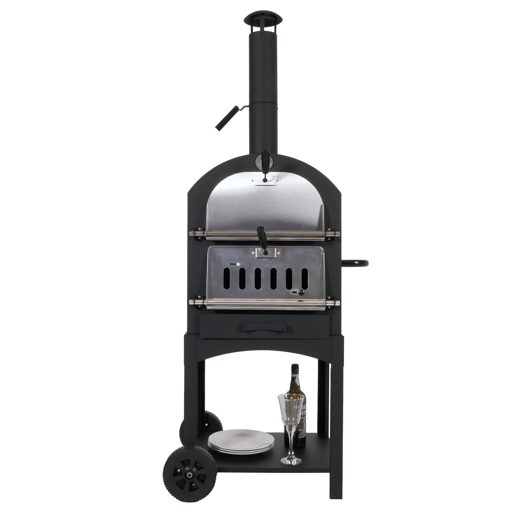 Holzkohlegrill MCW-N15, Pizzaofen Kaminofen, Grillrost Holzkohlerost Pizzastein, Stahl schwarz hochtemperaturlackiert | 04057651832043