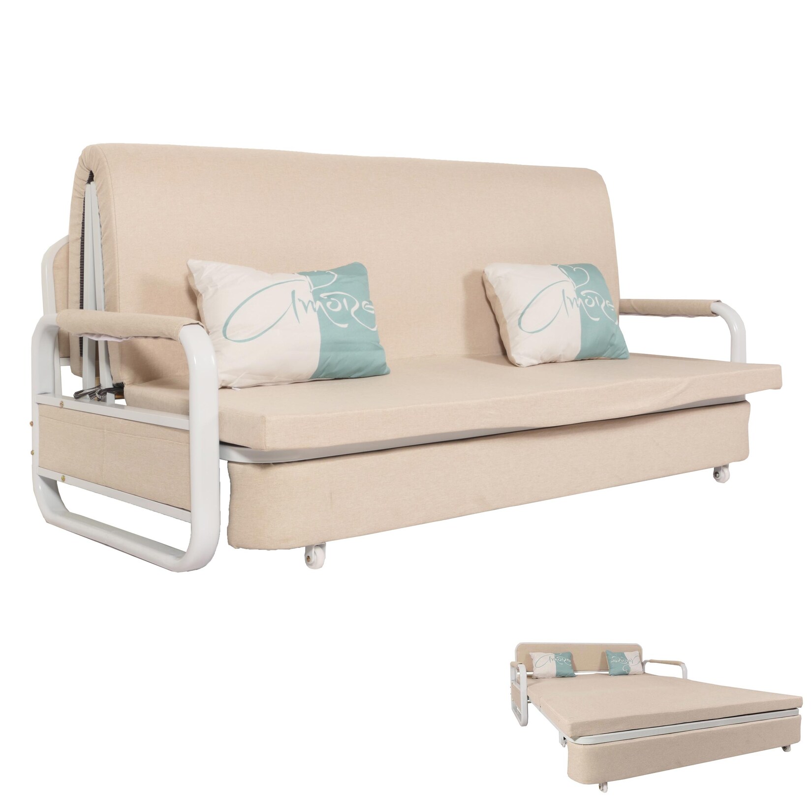 Schlafsofa MCW-M83, Schlafcouch Couch Sofa, Schlaffunktion Bettkasten Liegefläche, 190x185cm ~ Stoff/Textil beige