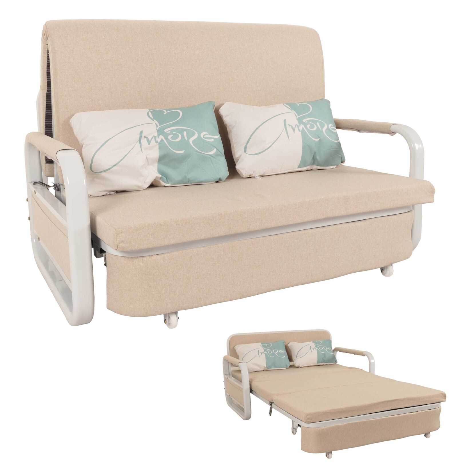 Schlafsofa MCW-M83, Schlafcouch Couch Sofa, Schlaffunktion Bettkasten Liegefläche, 130x185cm ~ Stoff/Textil beige