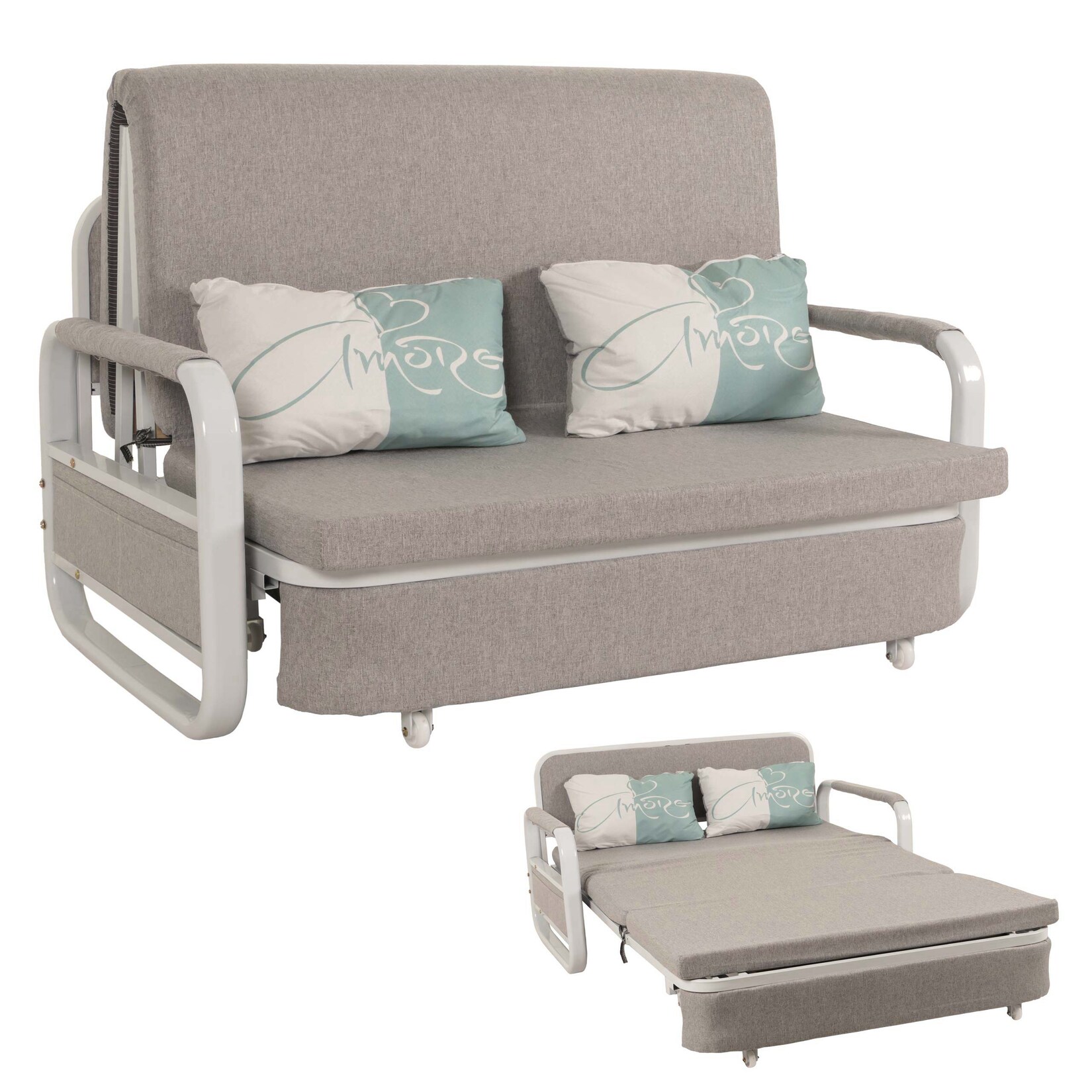 Schlafsofa MCW-M83, Schlafcouch Couch Sofa, Schlaffunktion Bettkasten Liegefläche, 130x185cm ~ Stoff/Textil hellgrau | 04057651645452