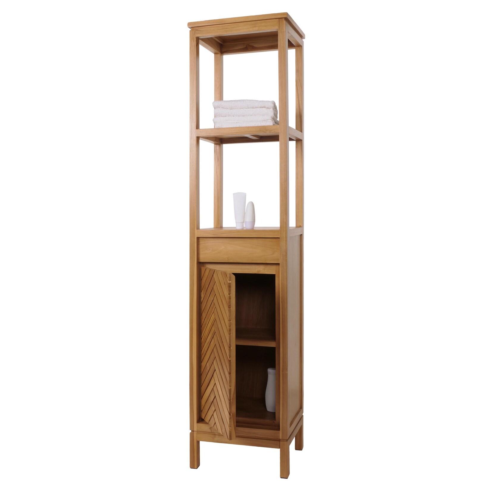 Teak-Hochschrank MCW-M74, Badschrank, 1 Tür 4 Fächer, hochwertiges B-Grade-Teak (Kernholz, 20-30 Jahre) 181x40x35cm