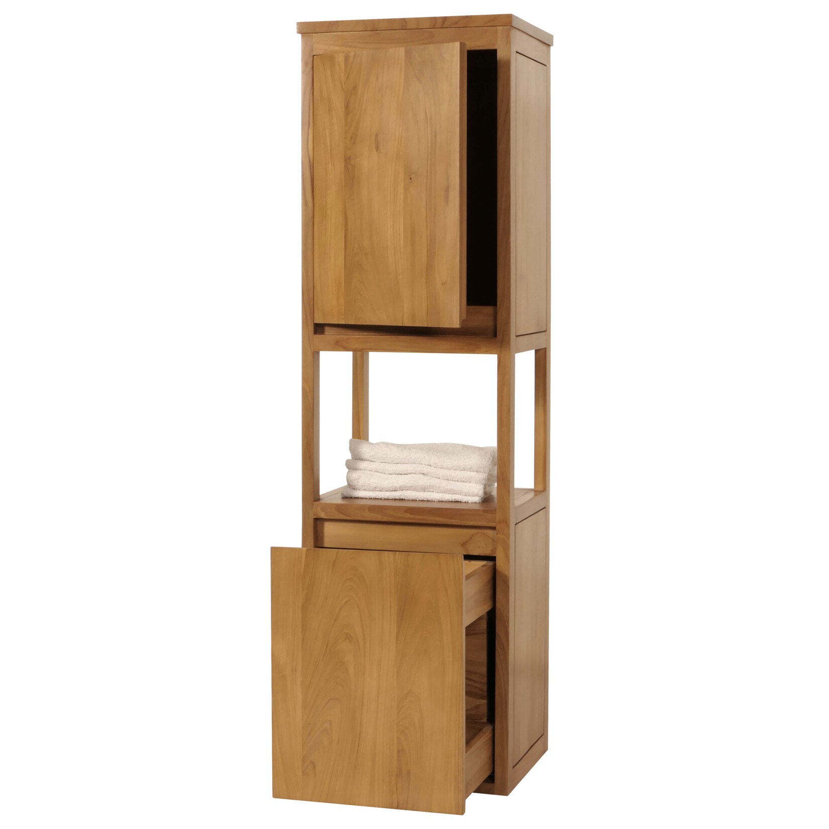 Teak-Hochschrank MCW-M71, Badschrank Badregal Badezimmer, hochwertiges B-Grade-Teak (Kernholz, 20-30 Jahre), 141x41x36cm