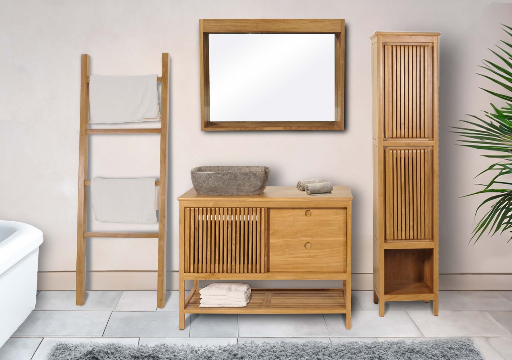 Teak-Badezimmer-Set MCW-M70, Waschtisch Hochschrank Wandspiegel Handtuchhalter Waschbecken, hochwertiges B-Grade-Teak | 04057651644431