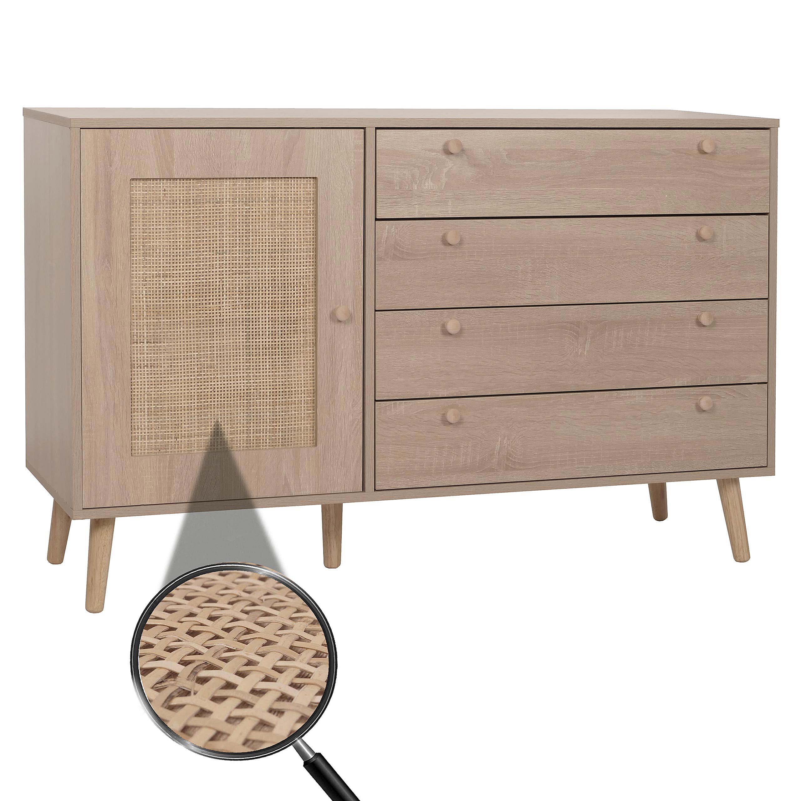 Sideboard MCW-M43, Schrank Kommode Highboard, Schubladen Staufach, Kubu Rattan Holz Melamin, Eiche-Optik - Bild 1