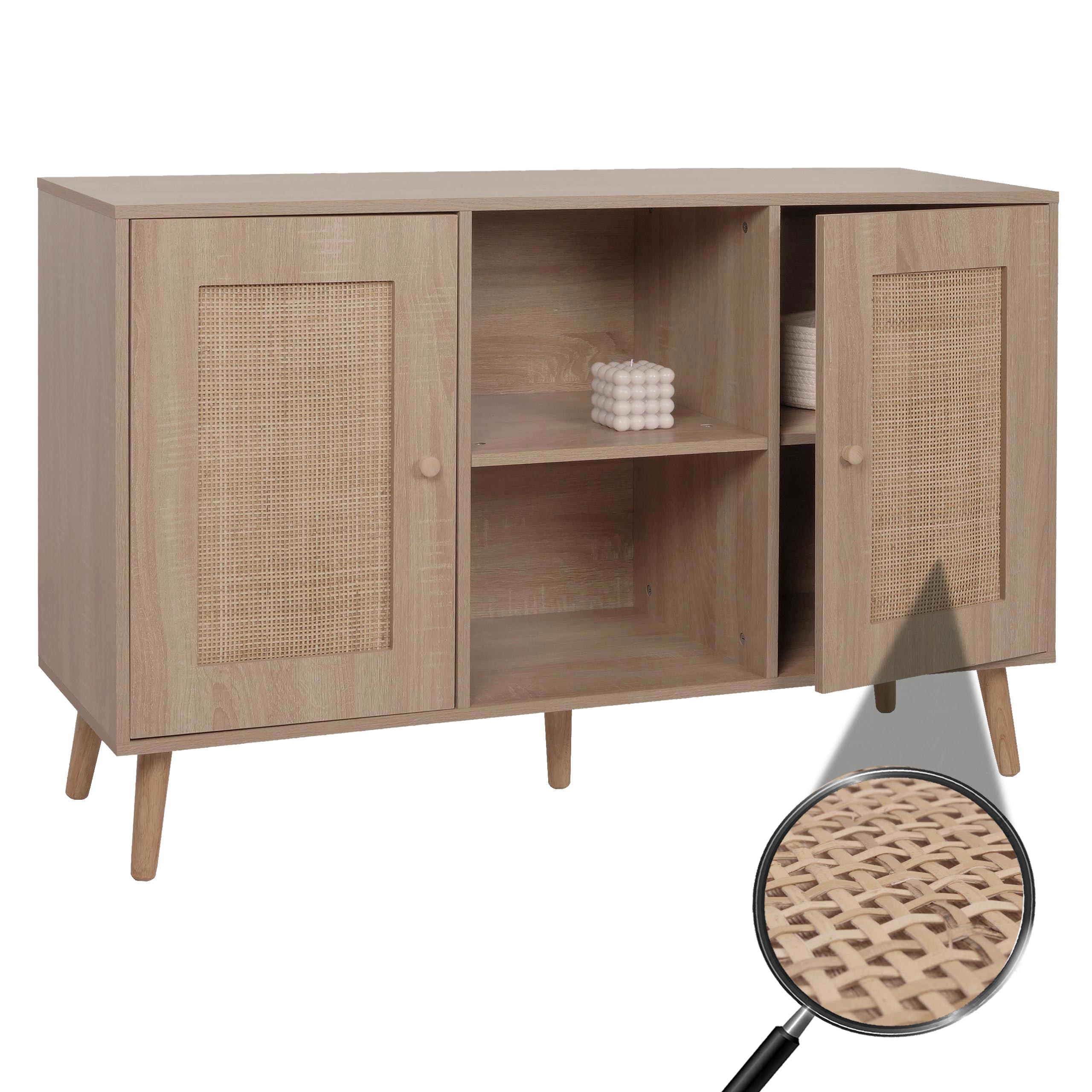 Sideboard MCW-M42, Schrank Kommode Highboard, Stauf&auml;cher, Kubu Rattan Holz Melamin, Eiche-Optik - Bild 1