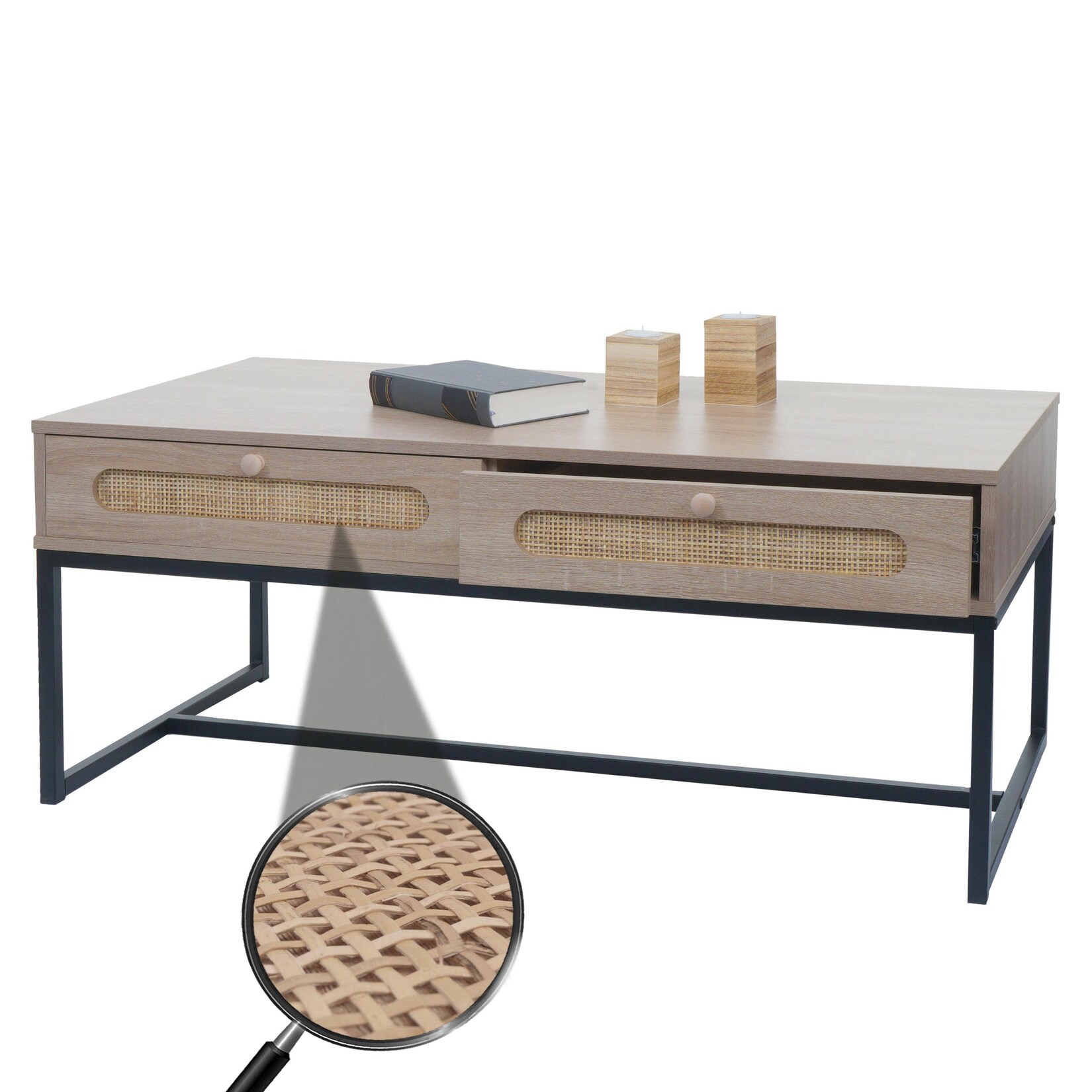 Couchtisch MCW-M41, Wohnzimmertisch Tisch Beistelltisch Sofatisch, Schublade, Kubu Rattan Holz Melamin, Eiche-Optik