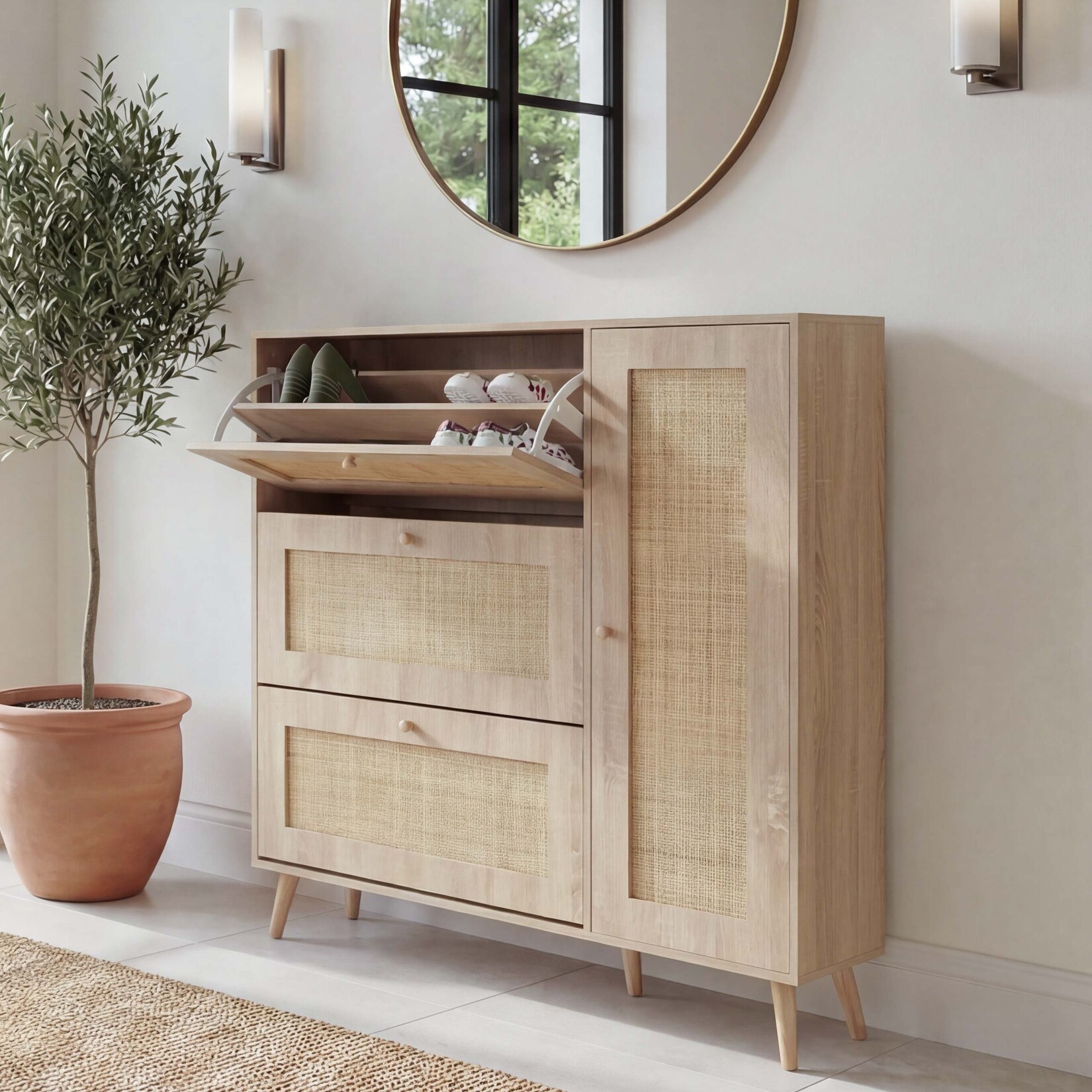 Rattan-Schuhkipper MCW-M37, Schuhregal Schuhschrank, 3 Kippfächer 2 Regalböden 127x120x24cm Holz Melamin ~ Eiche-Optik