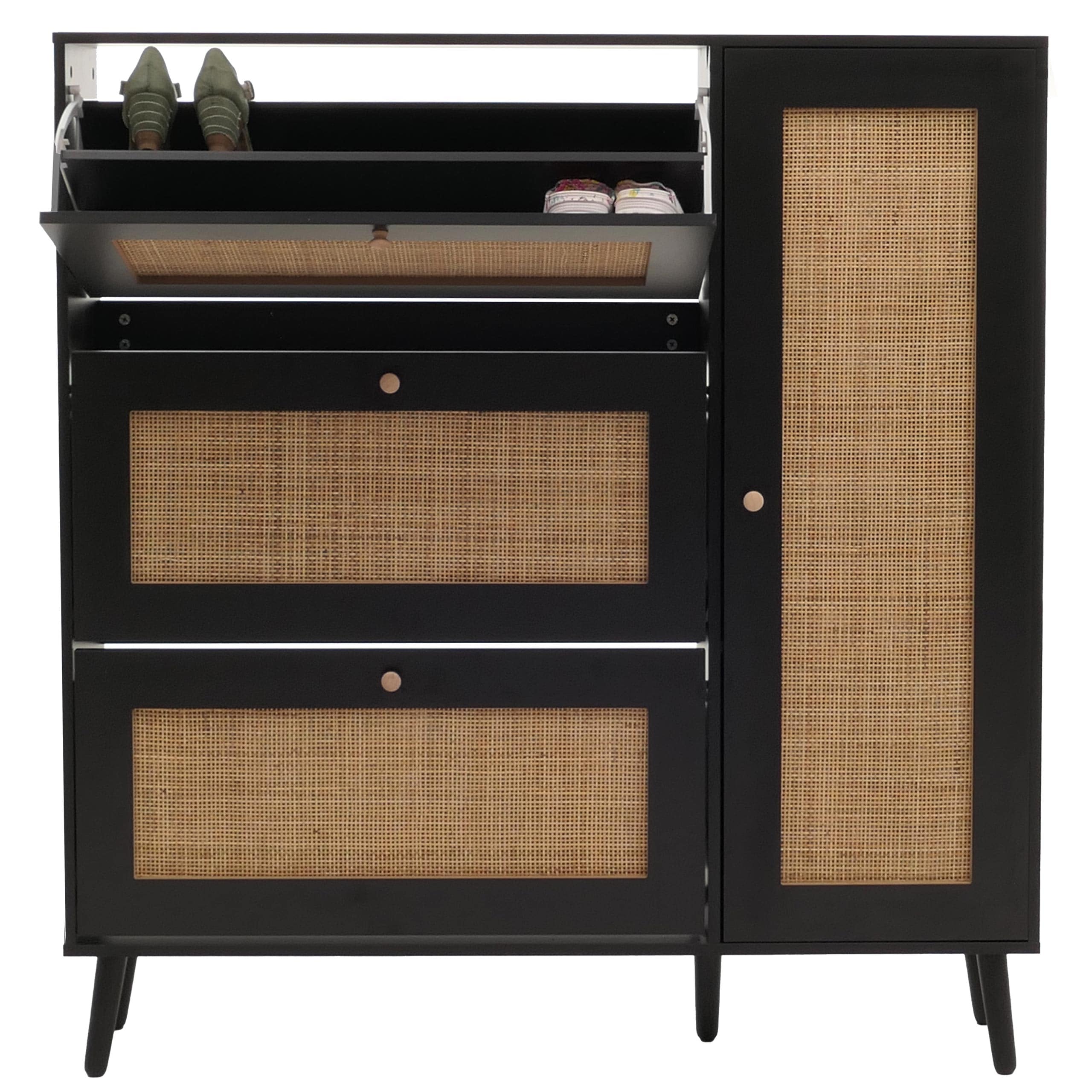 Rattan-Schuhkipper MCW-M37, Schuhregal Schuhschrank, 3 Kippf&auml;cher 2 Regalb&ouml;den 127x120x24cm Holz Melamin ~ schwarz - Bild 1