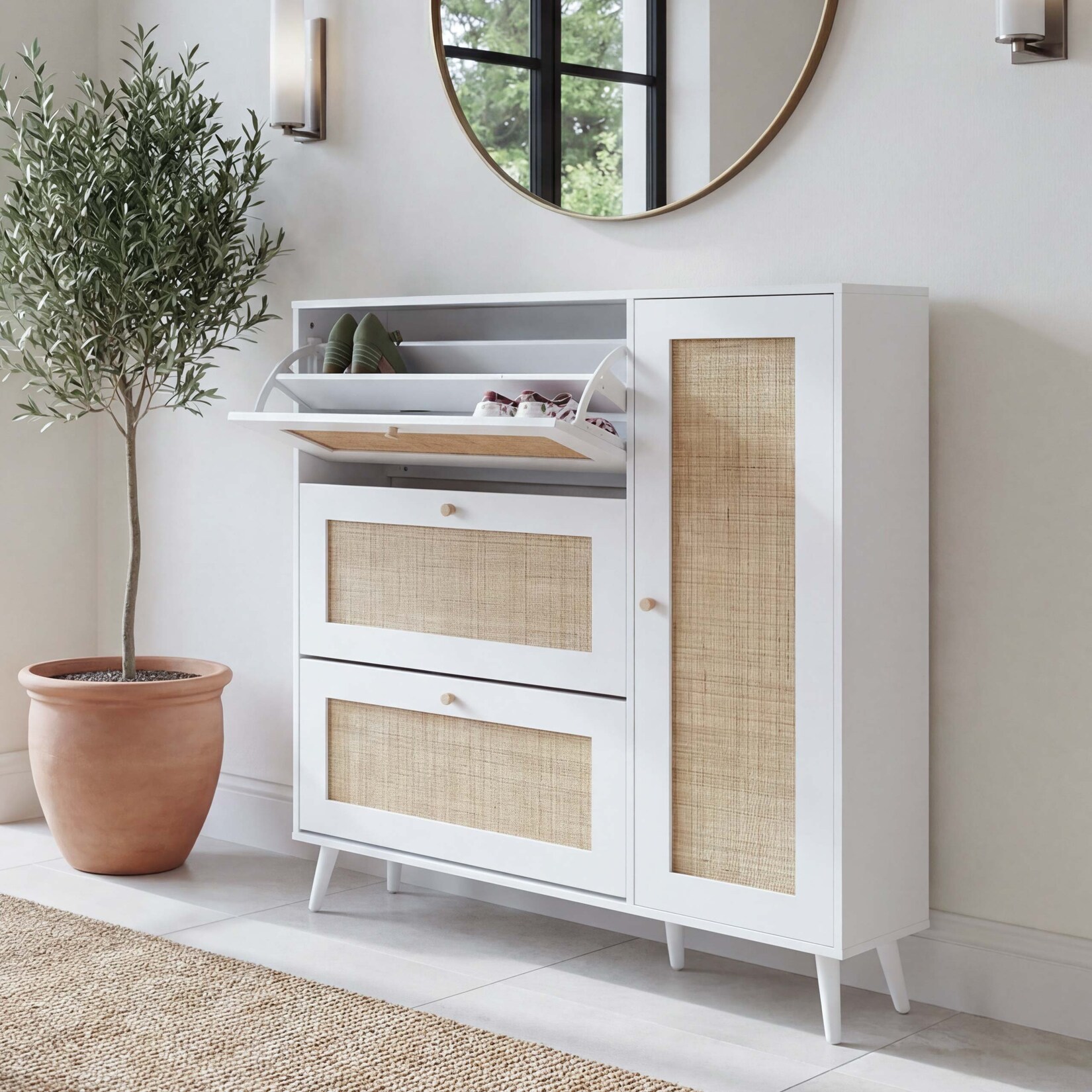Rattan-Schuhkipper MCW-M37, Schuhregal Schuhschrank, 3 Kippfächer 2 Regalböden 127x120x24cm Holz Melamin ~ weiß
