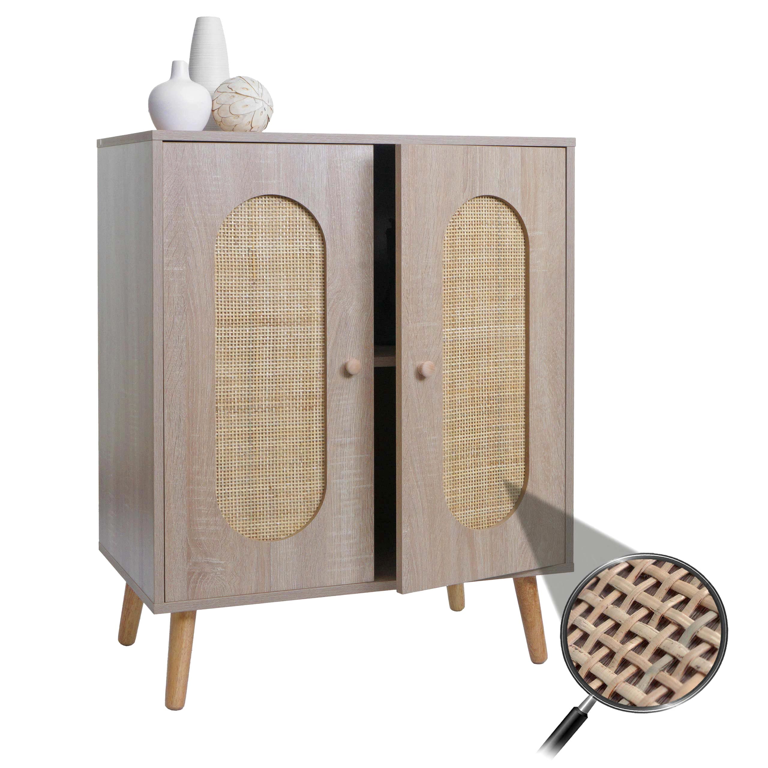 Kommode MCW-M35, Schrank Sideboard Highboard, Stauf&auml;cher, Kubu Rattan Holz Melamin, Eiche-Optik - Bild 1