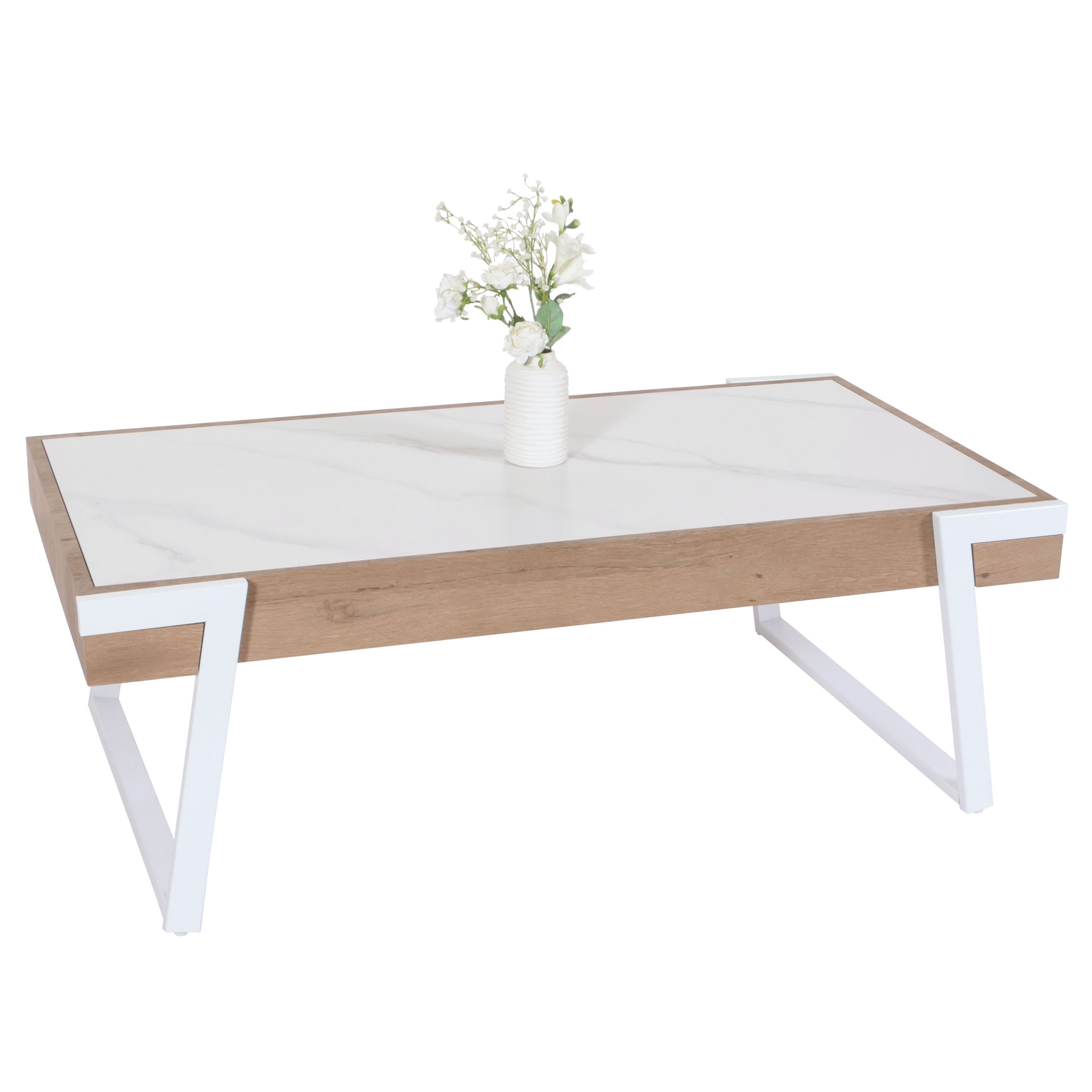 Couchtisch MWC-L89, Sofatisch Wohnzimmertisch, Eisen 43x120x64cm Sinterstein Marmor-Optik wei&szlig; Holz natur - Bild 1