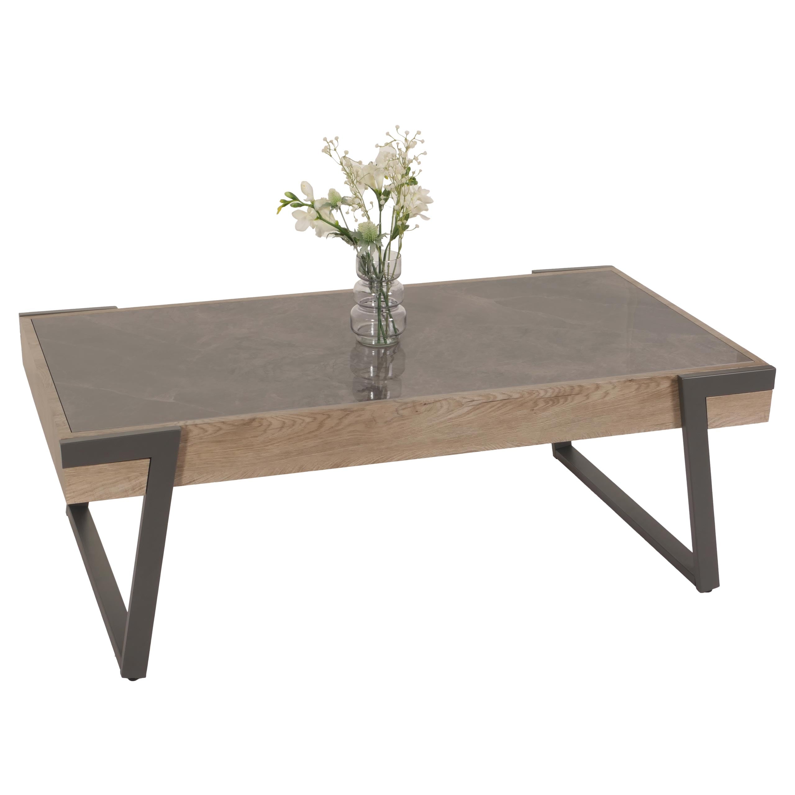 Couchtisch MCW-L89, Sofatisch Wohnzimmertisch, Eisen 43x120x64cm Sinterstein Marmor-Optik grau Holz grau-braun - Bild 1